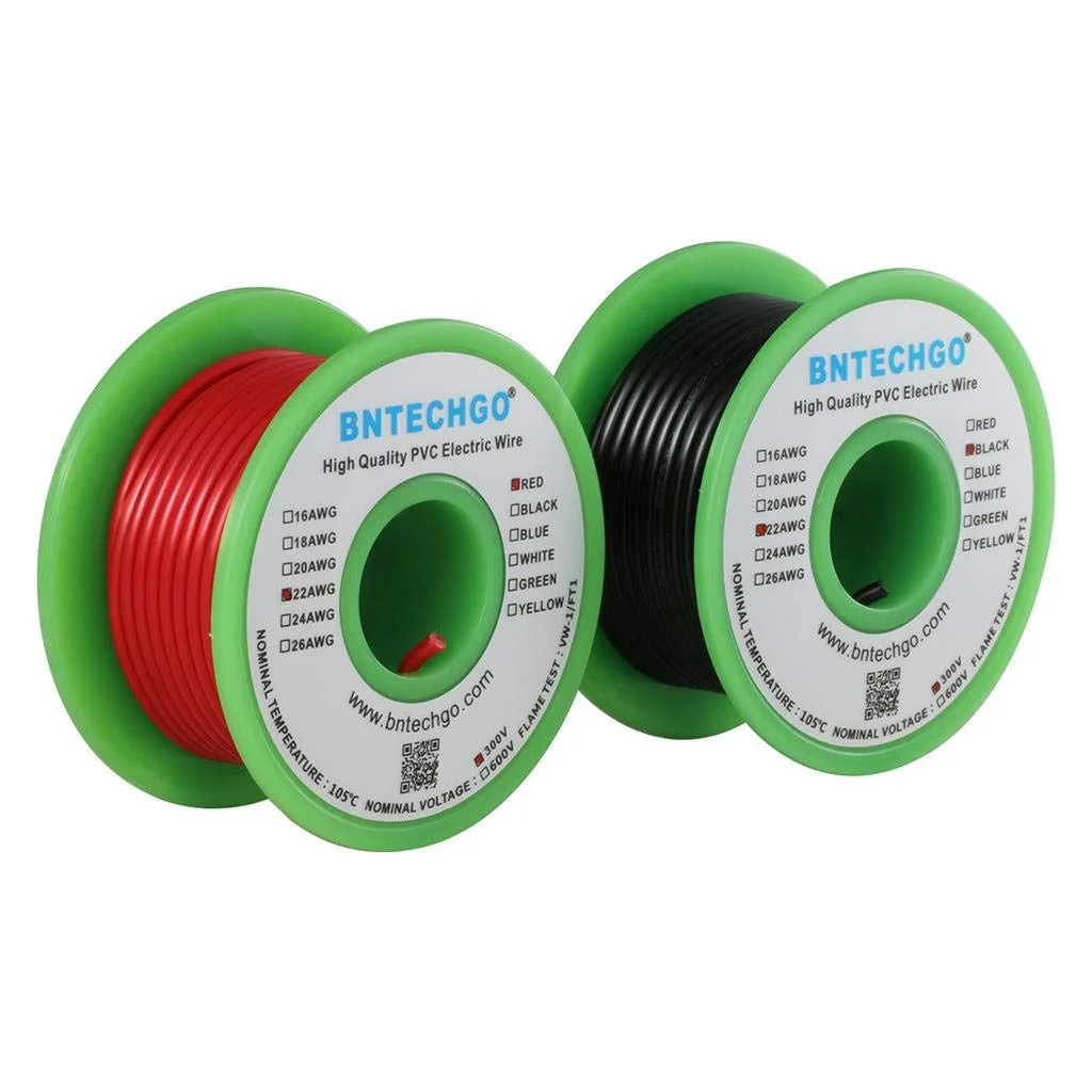 سیم برق BNTECHGO 22 AWG 1007، سیم 22 گیج PVC 1007، سیم مفتولی، سیم اتصال 300 ولت، سیم مسی قلع اندود مفتولی، قرمز و مشکی، 50 فوت در هر حلقه برای DIY