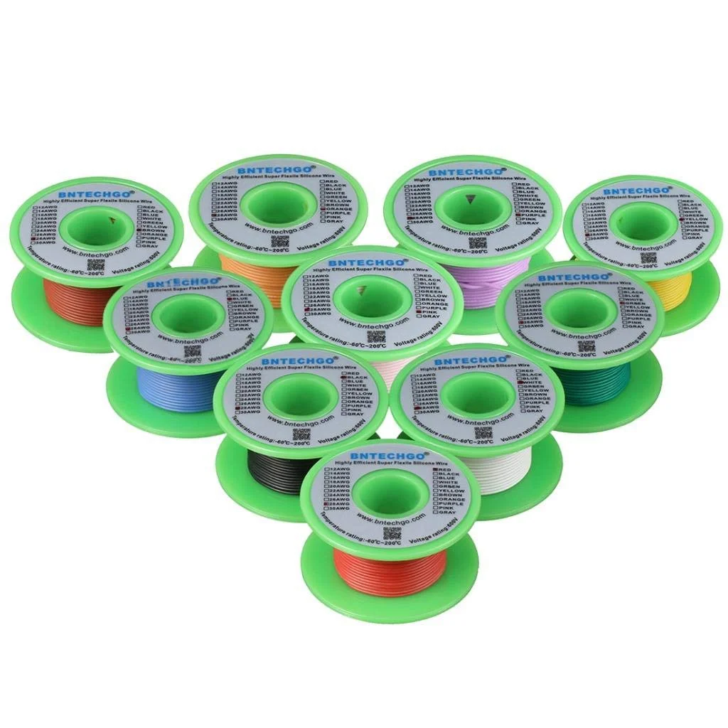 سیم سیلیکونی گیج 28 BNTECHGO، کیت 10 رنگ، هر رنگ 15 متر، سیم مسی قلع اندود شده انعطاف پذیر 28 AWG