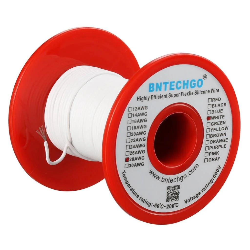 سیم سیلیکونی گیج 28 BNTECHGO، قرقره 250 فوت، سفید، انعطاف پذیر، سیم مسی قلع اندود رشته ای 28 AWG