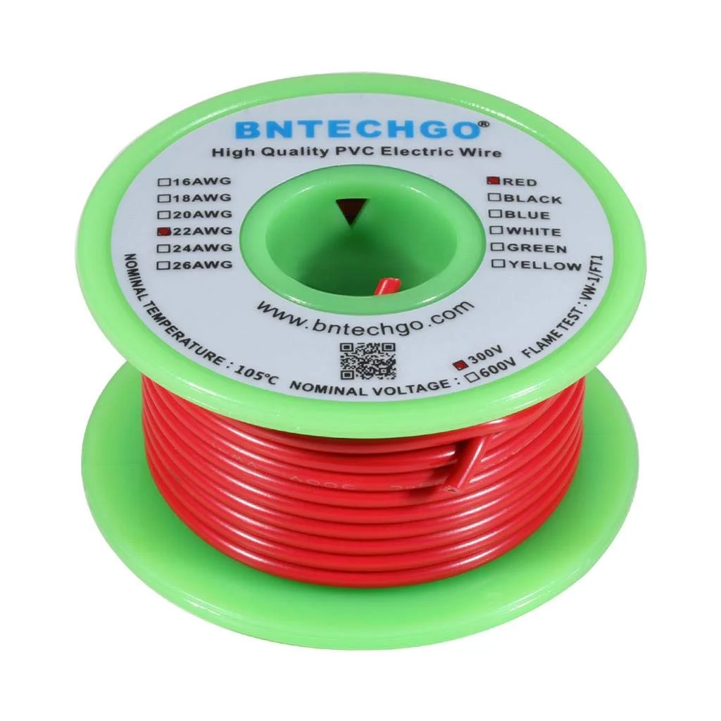 سیم برق BNTECHGO 22 AWG 1007، سیم 22 گیج PVC 1007، سیم مفتولی، سیم اتصال 300 ولت، سیم مسی قلع اندود مفتولی قرمز 7.6 متر در هر حلقه برای DIY