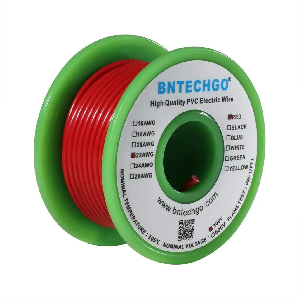 سیم برق BNTECHGO 22 AWG 1007، سیم 22 گیج PVC 1007، سیم مفتولی، سیم اتصال 300 ولت، سیم مسی قلع اندود مفتولی قرمز 7.6 متر در هر حلقه برای DIY