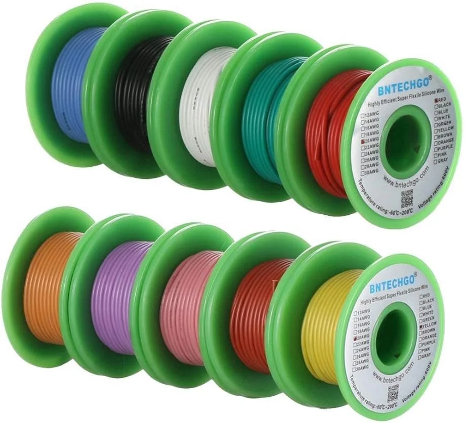 سیم سیلیکونی گیج 20 BNTECHGO، کیت 10 رنگ، هر رنگ 9 متر، سیم مسی قلع اندود شده رشته ای انعطاف پذیر 20 AWG