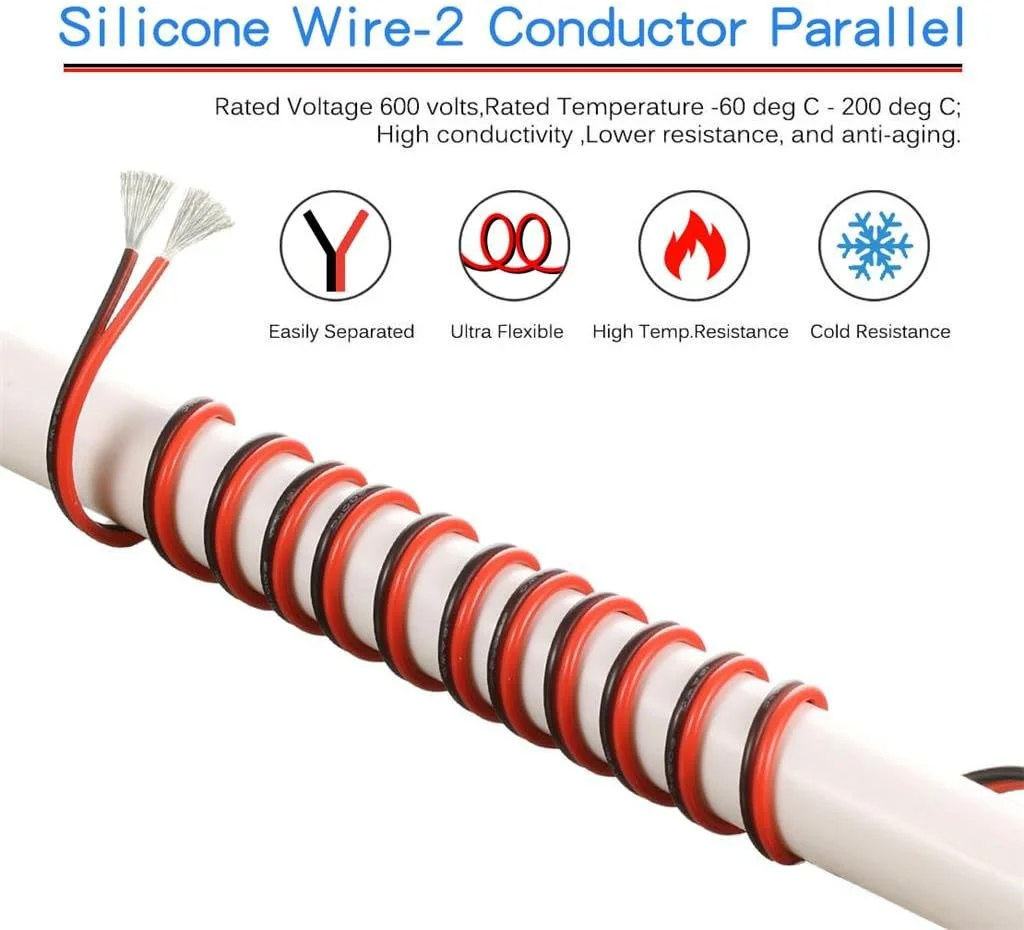 سیم سیلیکونی انعطاف پذیر 2 رشته موازی BNTECHGO گیج 14، قرمز مشکی، مقاوم در برابر حرارت بالا 200 درجه سانتیگراد 600 ولت، برای کابل نواری LED تک رنگ، سیم مسی قلع اندود رشته ای 10 فوت