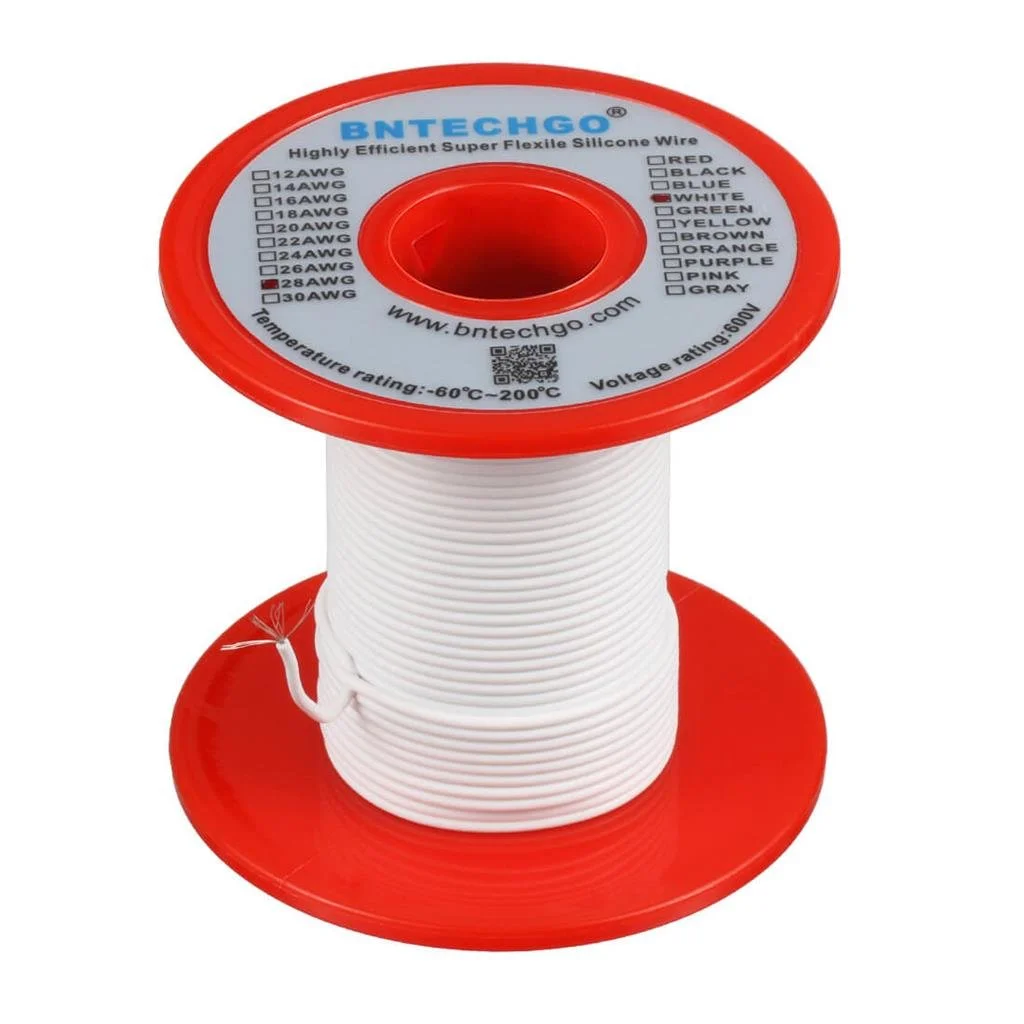سیم سیلیکونی گیج 28 BNTECHGO، قرقره 250 فوت، سفید، انعطاف پذیر، سیم مسی قلع اندود رشته ای 28 AWG