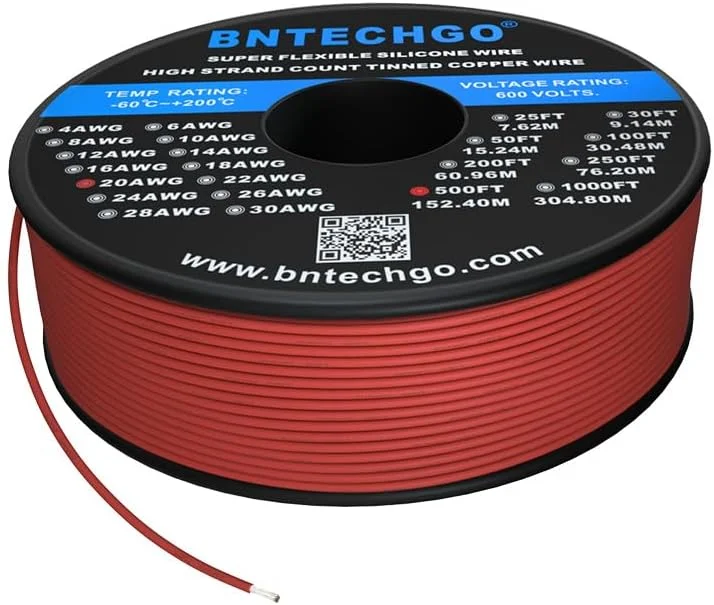 سیم سیلیکونی گیج 20 BNTECHGO، قرقره 500 فوت، قرمز، انعطاف پذیر، سیم مسی قلع اندود رشته ای 20 AWG