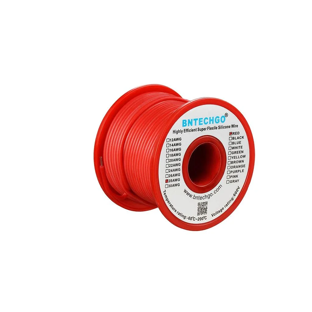 سیم سیلیکونی گیج 28 BNTECHGO، قرقره 15 متر، قرمز، نرم و انعطاف پذیر، مقاوم در برابر درجه حرارت بالا، سیم برق بسیار کارآمد، سیم سیلیکونی 28 AWG، 16 رشته سیم مسی قلع اندود