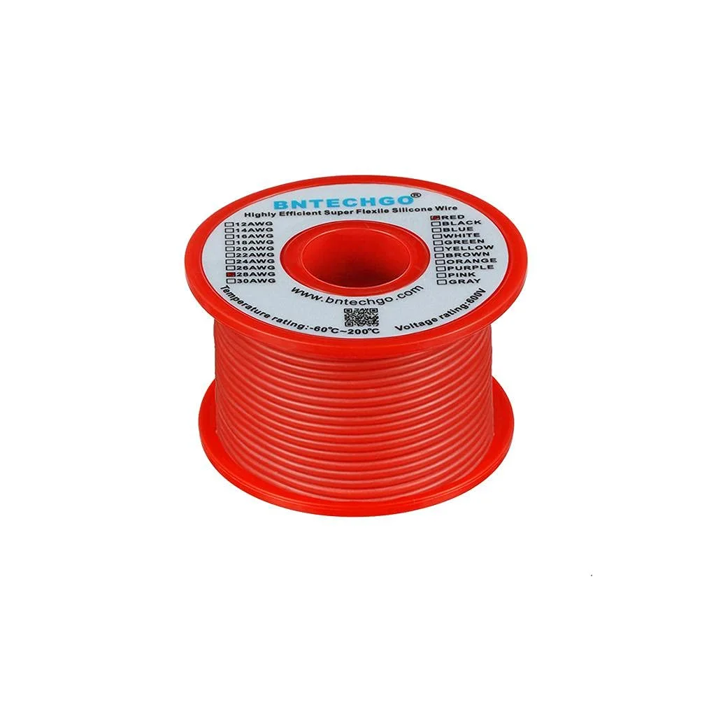 سیم سیلیکونی گیج 28 BNTECHGO، قرقره 15 متر، قرمز، نرم و انعطاف پذیر، مقاوم در برابر درجه حرارت بالا، سیم برق بسیار کارآمد، سیم سیلیکونی 28 AWG، 16 رشته سیم مسی قلع اندود