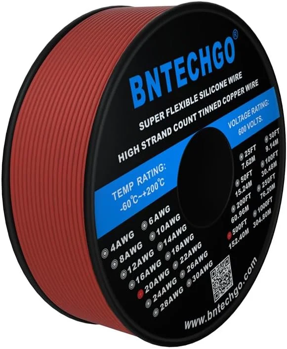 سیم سیلیکونی گیج 20 BNTECHGO، قرقره 500 فوت، قرمز، انعطاف پذیر، سیم مسی قلع اندود رشته ای 20 AWG