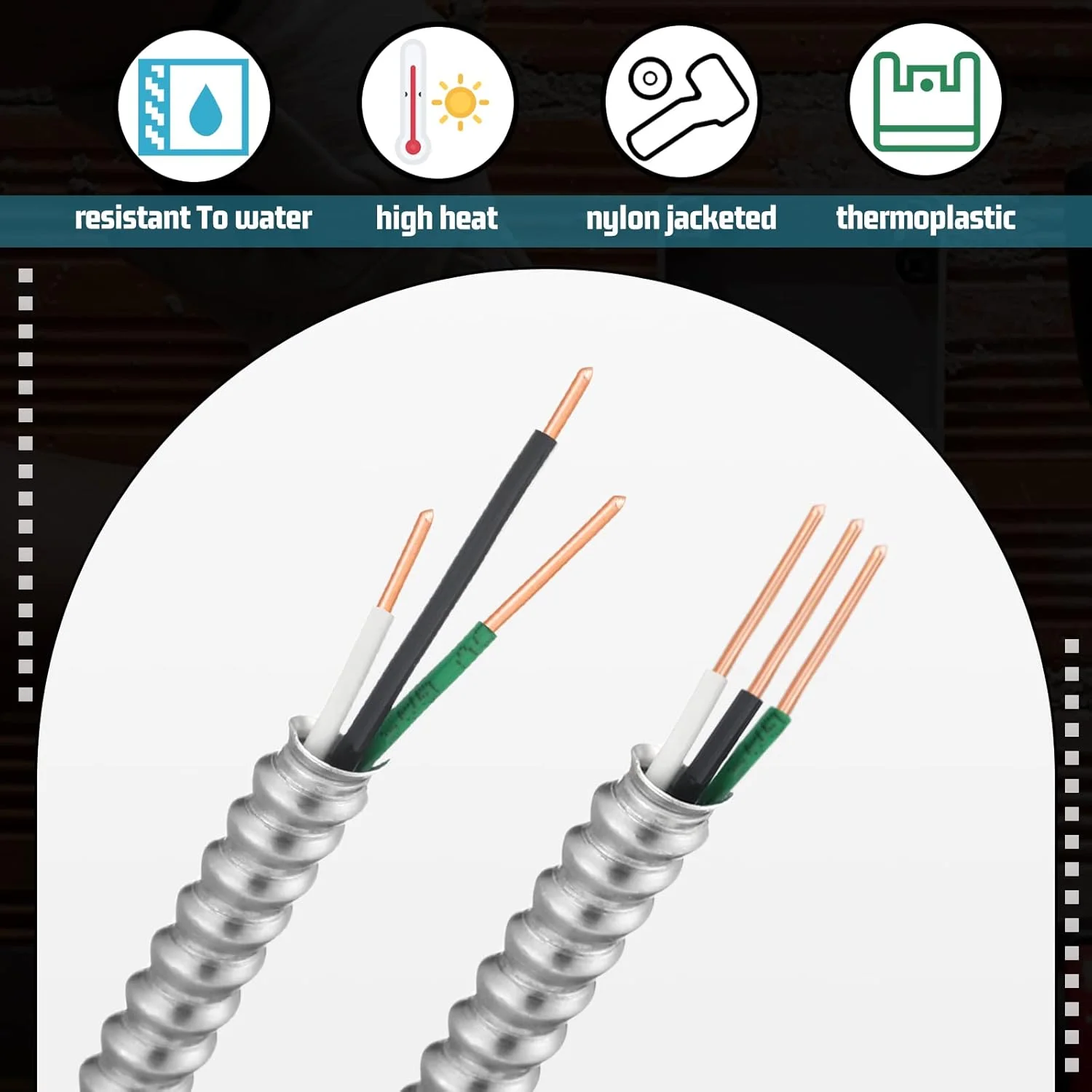 کابل روکش فلزی 14/2 با سیم ارت، سیم مسی جامد 14 AWG، 2 رشته سیم برق با روکش آلومینیومی، کابل روکش فلزی برای نصب داخلی، خارجی، زیرزمینی و دفنی (15 متر)
