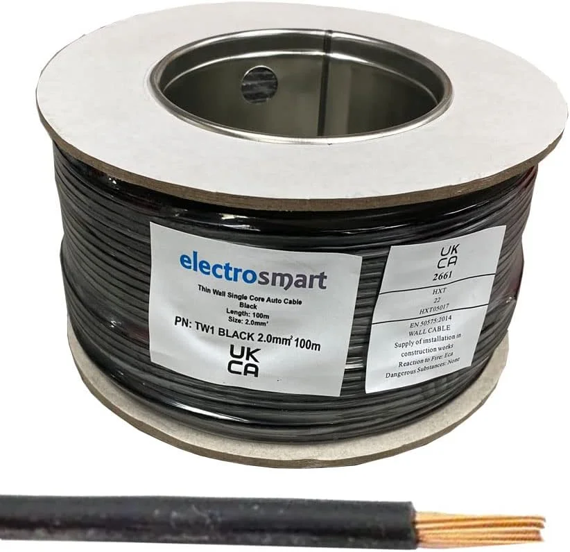 کابل تک هسته ای دیواره نازک خودرویی 12 ولت 24 ولت 2 میلی متر مربعی 25 آمپر با رشته های مسی برای خودرو، ماشین و قایق - مشکی، 30 متر