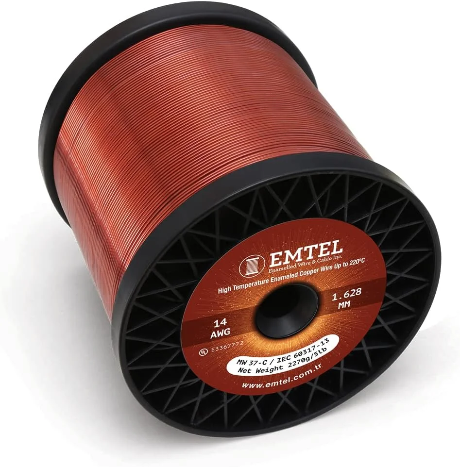 سیم لاکی مسی Emtel با قطر 1.628 میلی متر (14 AWG) - وزن 2.250 کیلوگرم (5 پوند) و طول 122 متر - سیم مسی روکش دار برای ترانسفورماتور موتور الکتریکی و سیم پیچ مغناطیسی - کلاس حرارتی 220 درجه سانتیگراد - سیم پیچ دو لایه