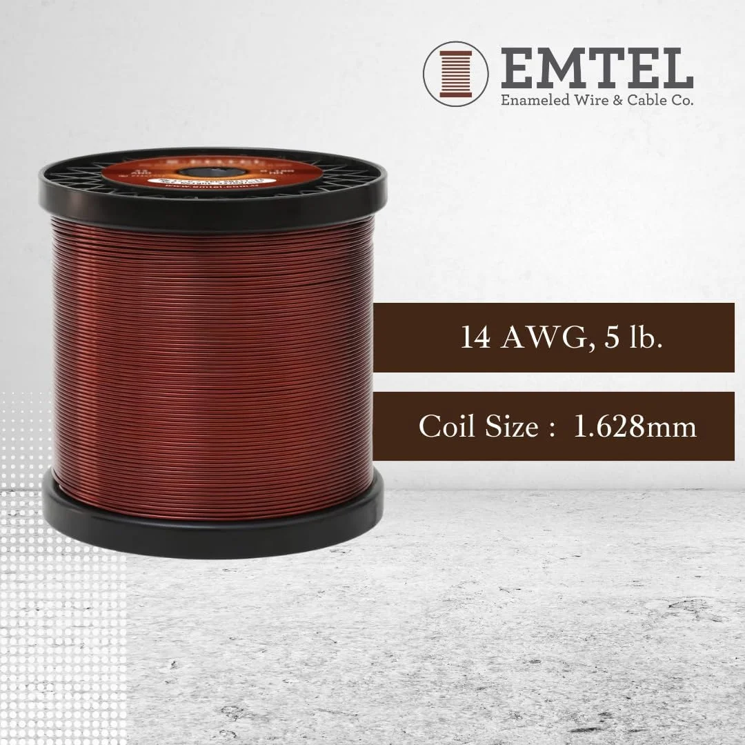سیم لاکی مسی Emtel با قطر 1.628 میلی متر (14 AWG) - وزن 2.250 کیلوگرم (5 پوند) و طول 122 متر - سیم مسی روکش دار برای ترانسفورماتور موتور الکتریکی و سیم پیچ مغناطیسی - کلاس حرارتی 220 درجه سانتیگراد - سیم پیچ دو لایه