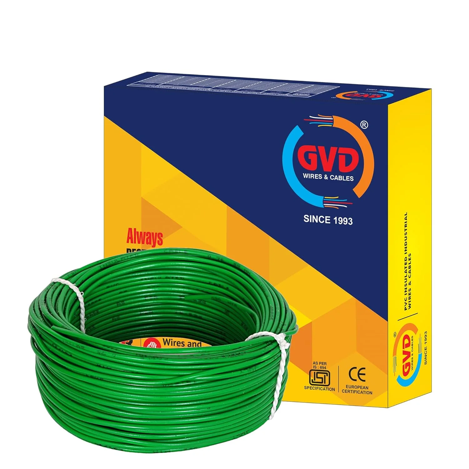 سیم مسی انعطاف پذیر تک هسته ای 0.75 میلی متری با عایق PVC و FR، سبز، 90 متر، سیم برق