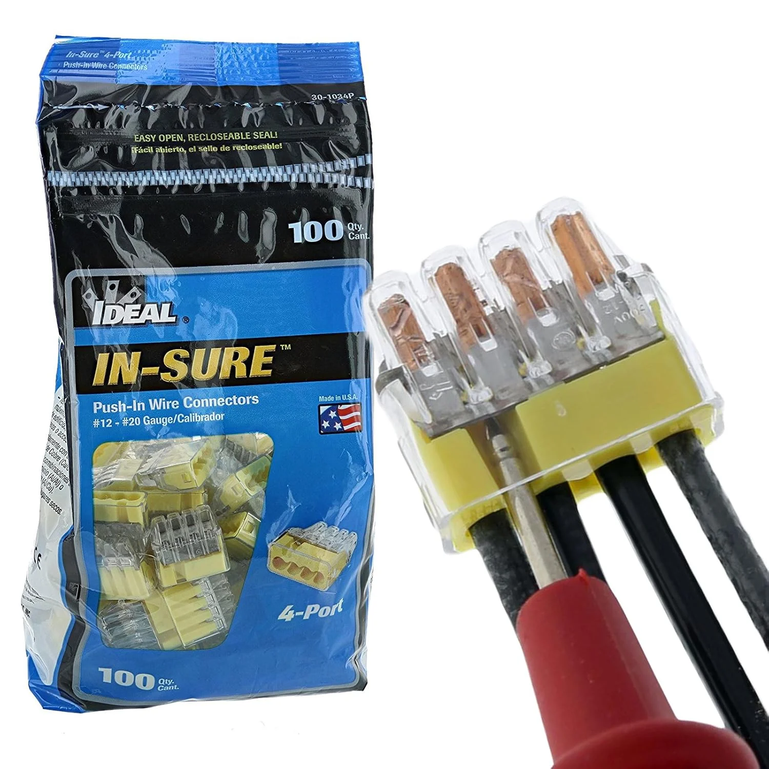 اتصال دهنده 4 پورت زرد غیر چرخشی مدل Ideal In-Sure 30-1034P برای سیم های مفتولی، افشان و قلع اندود (بسته 100 عددی)