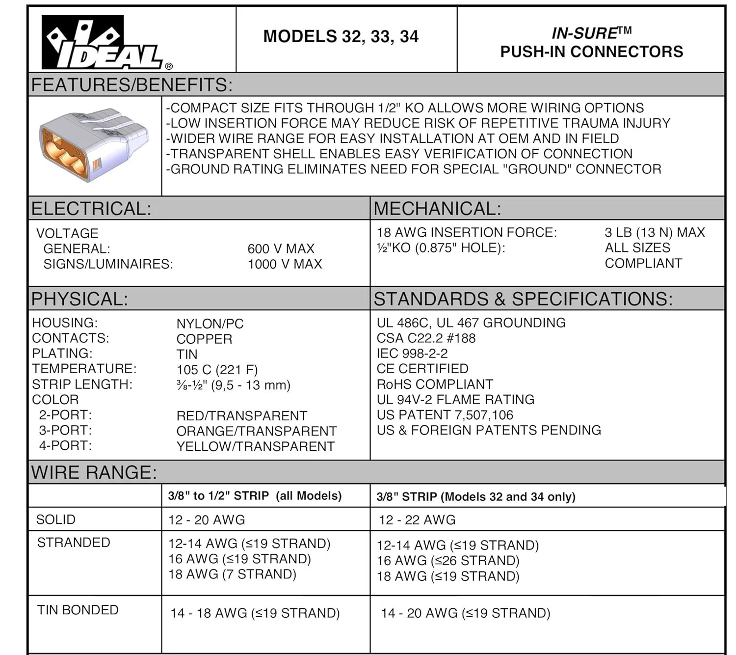 اتصالات فشاری سیم این-شور ایدهآل اینداستریز 2 پورت x100، 3 پورت x100، 4 پورت x100، بدون نیاز به تاباندن، برای سیمهای مفتولی، افشان و سیمهای لحیمکاری شده اتصالات فشاری سیم این-شور ایدهآل اینداستریز 2 پورت x100، 3 پورت x100، 4 پورت x100، بدون نیاز به تاباندن، برای سیمهای مفتولی، افشان و سیمهای لحیمکاری شده