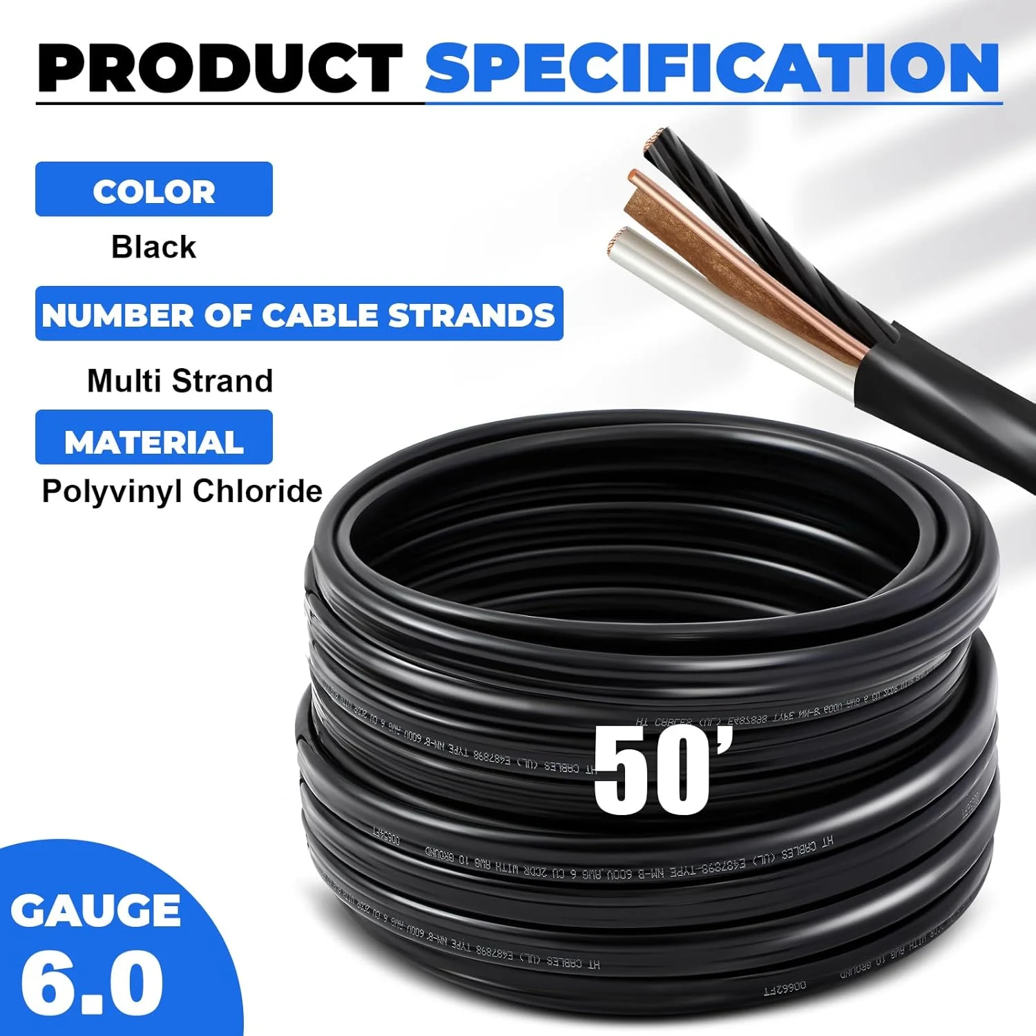 سیم برق 6/2 NM-B کاناایو 15 متری با سیم ارت، کابل روکش دار غیر فلزی PVC، سیم برق 3 رشته ای برای پروژه های سیم کشی روشنایی داخلی خانه و گاراژ مسکونی