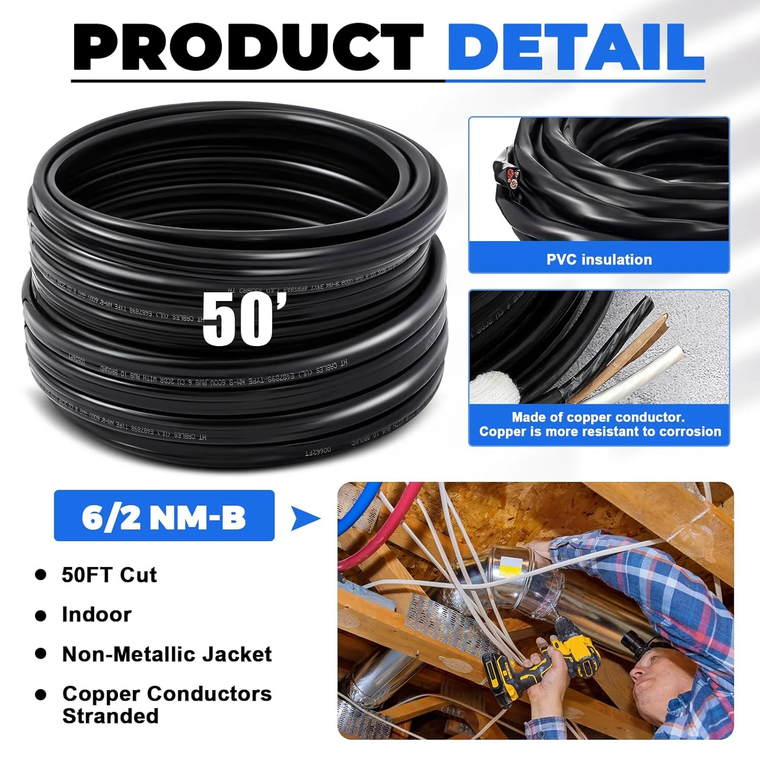 سیم برق 6/2 NM-B کاناایو 15 متری با سیم ارت، کابل روکش دار غیر فلزی PVC، سیم برق 3 رشته ای برای پروژه های سیم کشی روشنایی داخلی خانه و گاراژ مسکونی