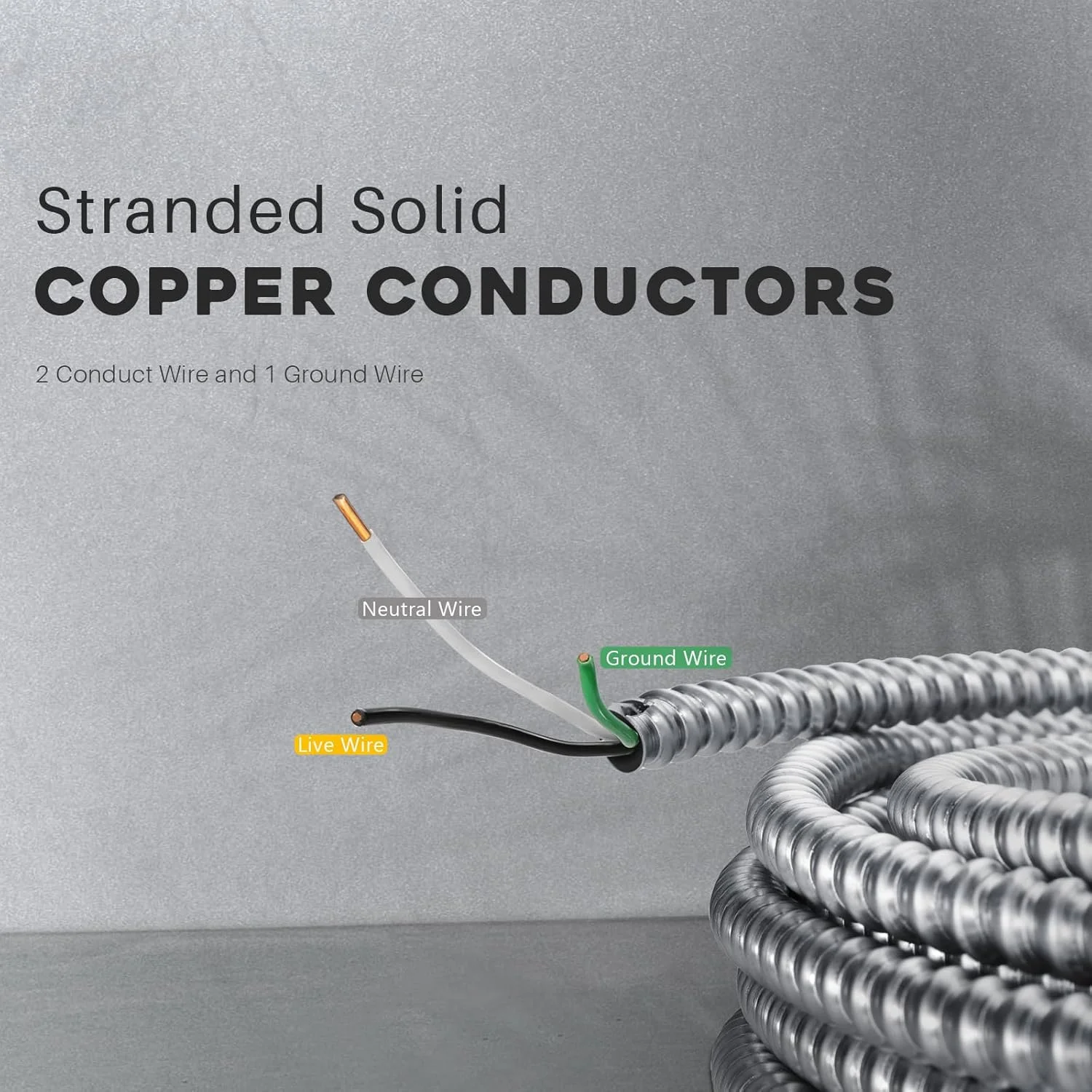 کابل MC، ۱۰۰ فوت، نوع ۱۴/۲، کابل روکش فلزی جامد MC با زره آلومینیومی، هادی های مسی جامد رشته ای، کابل های MC برای مصارف داخلی، خارجی، تجاری، صنعتی، سازمانی