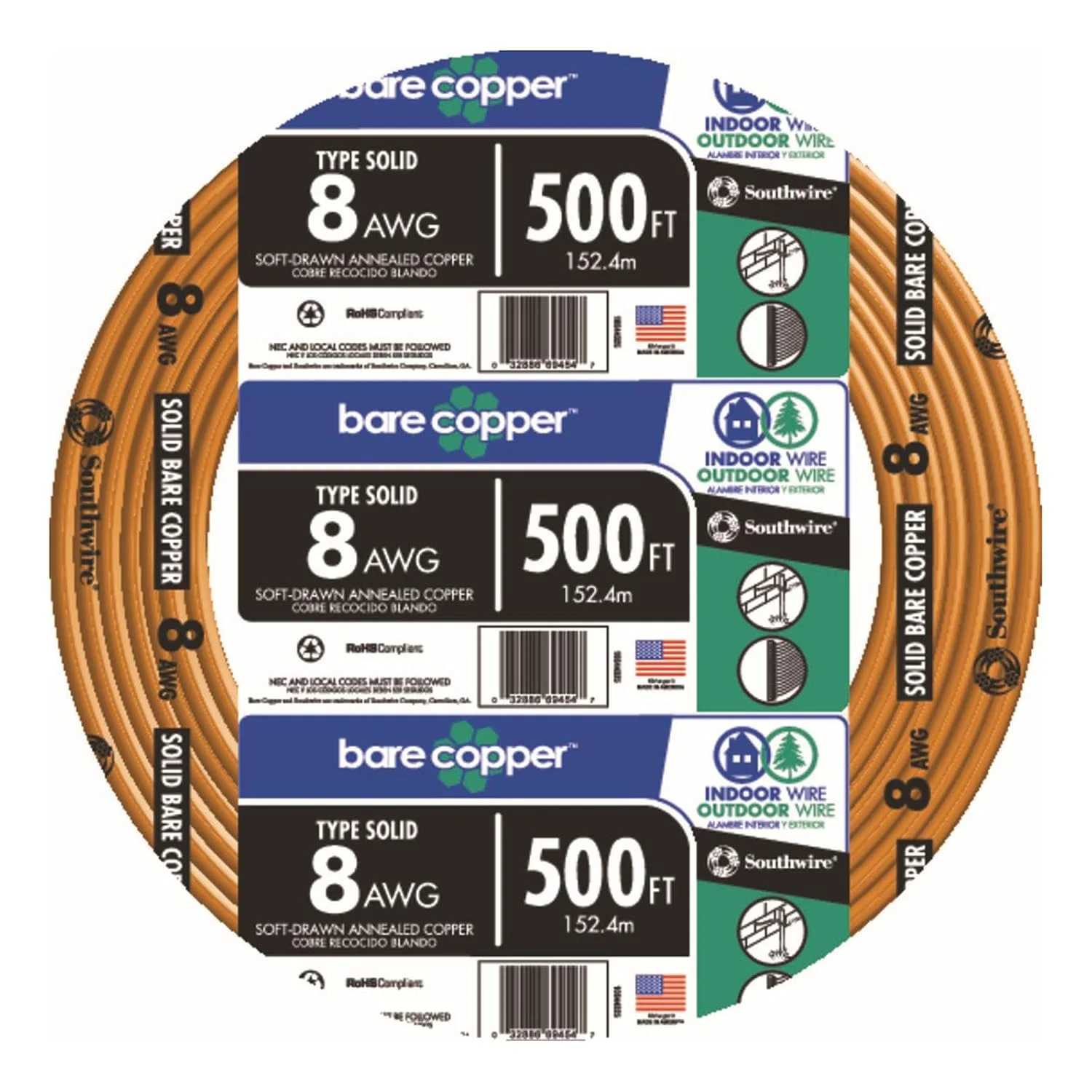 سیم مسی لخت جامد Southwire 10632802 به طول 500 فوت، گیج 8