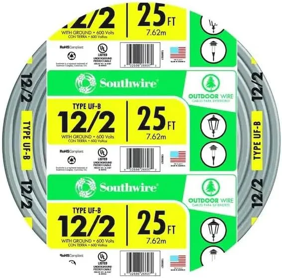 سیم مفتولی زیرزمینی Southwire 13055921 به طول 25 فوت، سایز 12/2، خاکستری، CU UF-B به همراه سیم ارت سیم مفتولی زیرزمینی Southwire 13055921 به طول 25 فوت، سایز 12/2، خاکستری، CU UF-B به همراه سیم ارت
