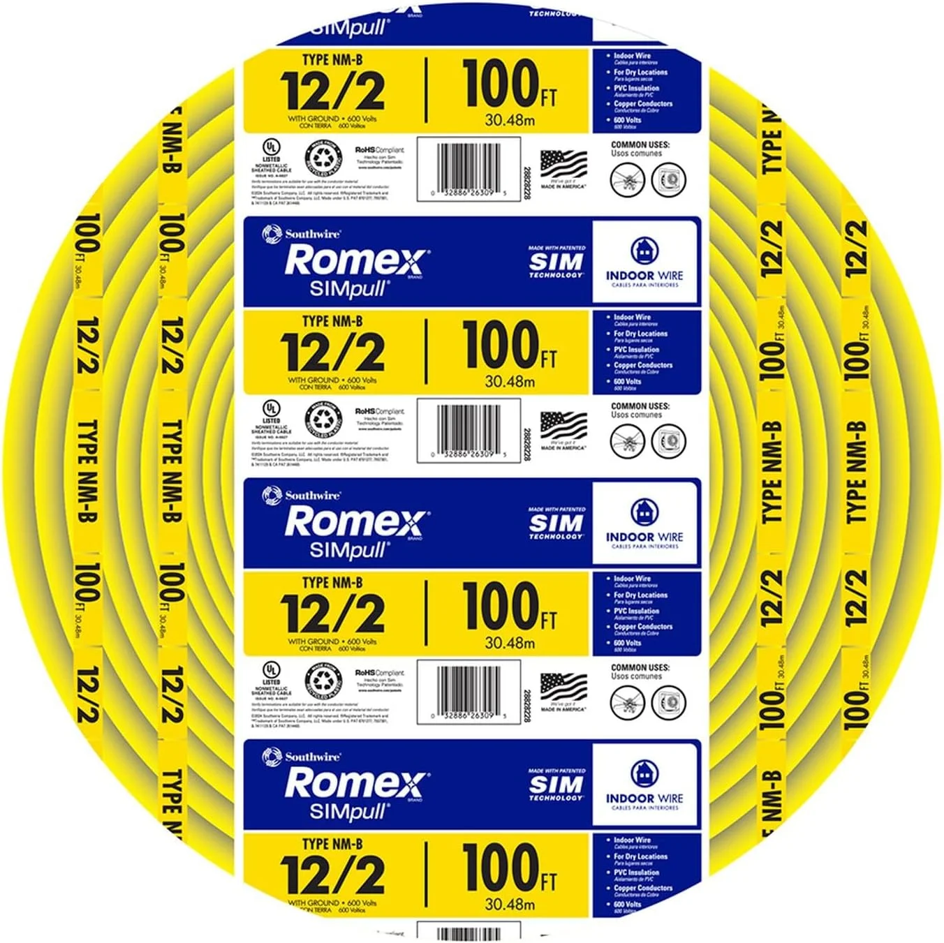 سیم برق ساختمانی 30 متری 12/2 با سیم ارت Southwire Romex مدل SIMpull، زرد سیم برق ساختمانی 30 متری 12/2 با سیم ارت Southwire Romex مدل SIMpull، زرد