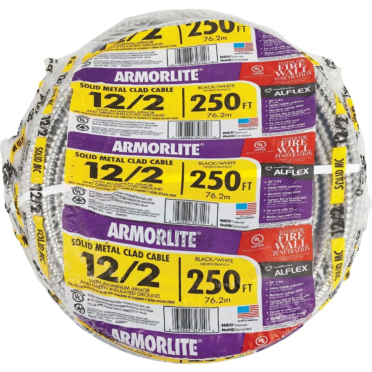 کابل آلومینیومی Southwire 68580055 MC Lite، مفتولی، سایز 12/2، طول 250 فوت کابل آلومینیومی Southwire 68580055 MC Lite، مفتولی، سایز 12/2، طول 250 فوت