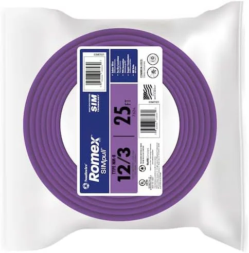 سیم برق ساختمانی Southwire Romex SIMpull، گیج 12، 3 رشته، 7.6 متر، کابل NM-B با سیم ارت، بنفش، 63947821 سیم برق ساختمانی Southwire Romex SIMpull، گیج 12، 3 رشته، 7.6 متر، کابل NM-B با سیم ارت، بنفش، 63947821