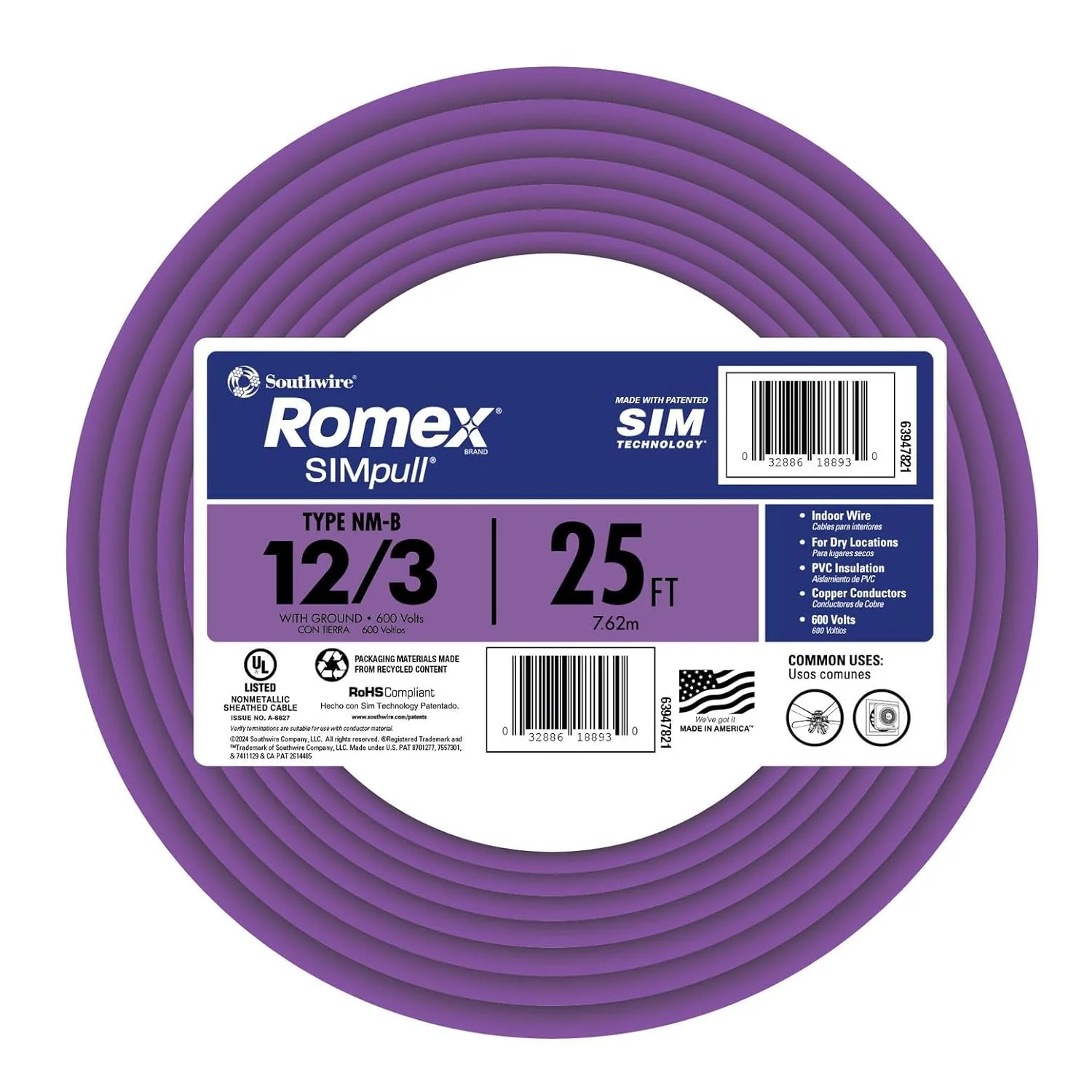 کابل سیمپیچ جامد داخلی 12/3 W/G NMB سیمپل برند Southwire Romex، طول 25 فوت - SW# 63947621 کابل سیمپیچ جامد داخلی 12/3 W/G NMB سیمپل برند Southwire Romex، طول 25 فوت - SW# 63947621