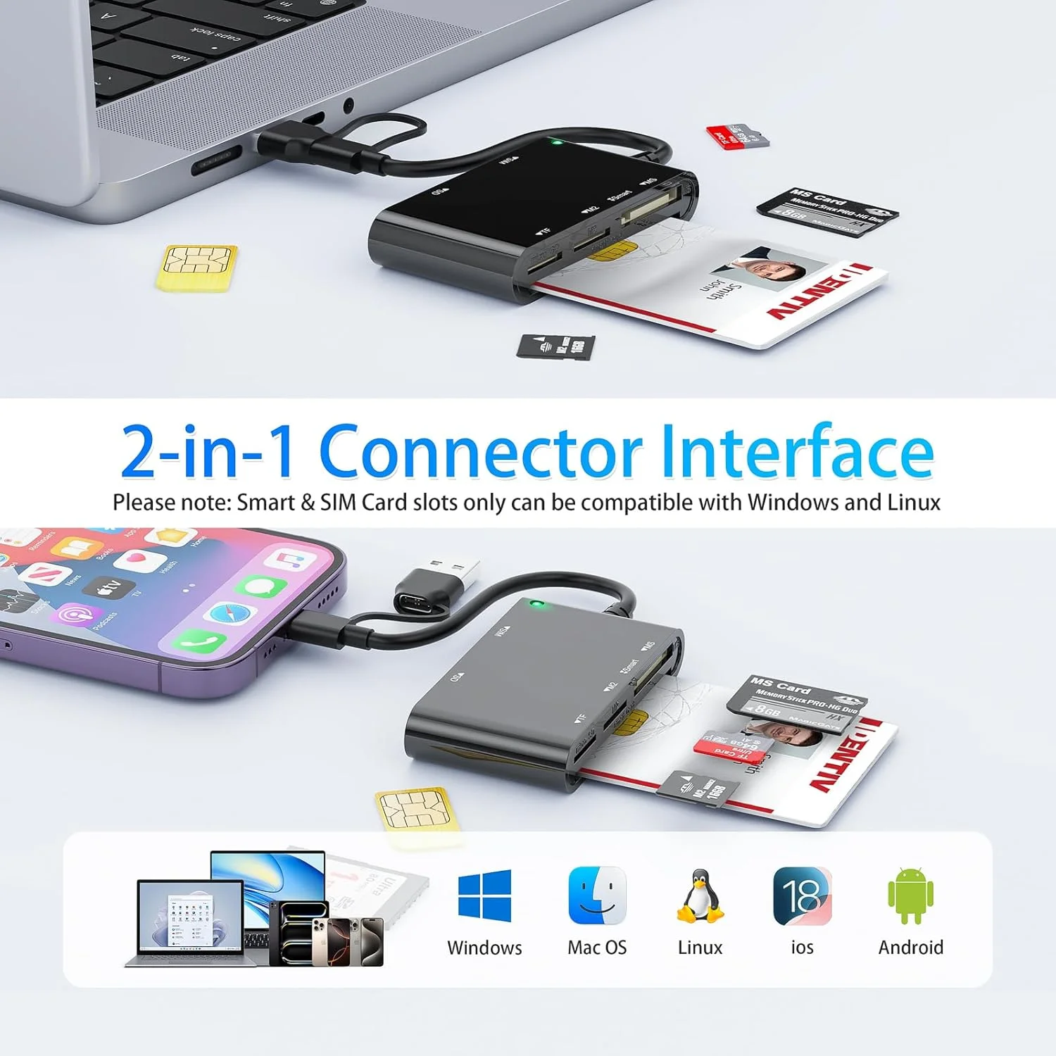 آداپتور سیم کارت، کارت خوان هوشمند CAC، آداپتور چند کارته 6 در 1 USB-C/USB-A برای سیم کارت، CAC، ID، SD/TF، M2، کارت حافظه – سازگار با ویندوز، مک، لینوکس (USB-C+USB-A) آداپتور سیم کارت، کارت خوان هوشمند CAC، آداپتور چند کارته 6 در 1 USB-C/USB-A برای سیم کارت، CAC، ID، SD/TF، M2، کارت حافظه – سازگار با ویندوز، مک، لینوکس (USB-C+USB-A)