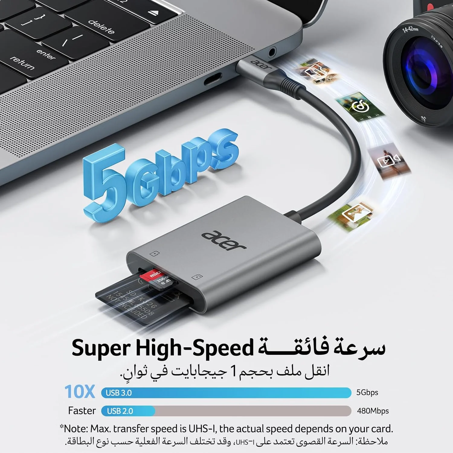کارت خوان USB C ایسر، آداپتور کارت حافظه نوع C [دارای کابل] کارت خوان حافظه USB C 3.0 برای MicroSD SD MMC، سازگار با آیفون 16/15، لپ تاپ ها، مک بوک ایر/پرو، گلکسی S24، Dell XPS، آیپد، اندروید