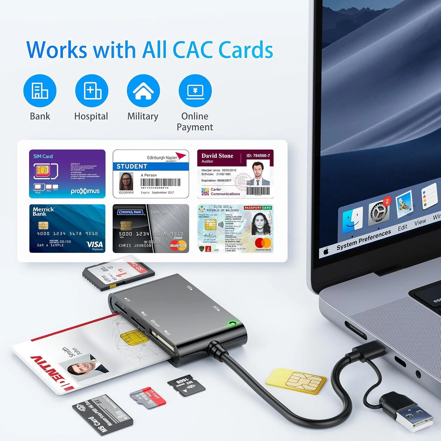 آداپتور سیم کارت، کارت خوان هوشمند CAC، آداپتور چند کارته 6 در 1 USB-C/USB-A برای سیم کارت، CAC، ID، SD/TF، M2، کارت حافظه – سازگار با ویندوز، مک، لینوکس (USB-C+USB-A) آداپتور سیم کارت، کارت خوان هوشمند CAC، آداپتور چند کارته 6 در 1 USB-C/USB-A برای سیم کارت، CAC، ID، SD/TF، M2، کارت حافظه – سازگار با ویندوز، مک، لینوکس (USB-C+USB-A)