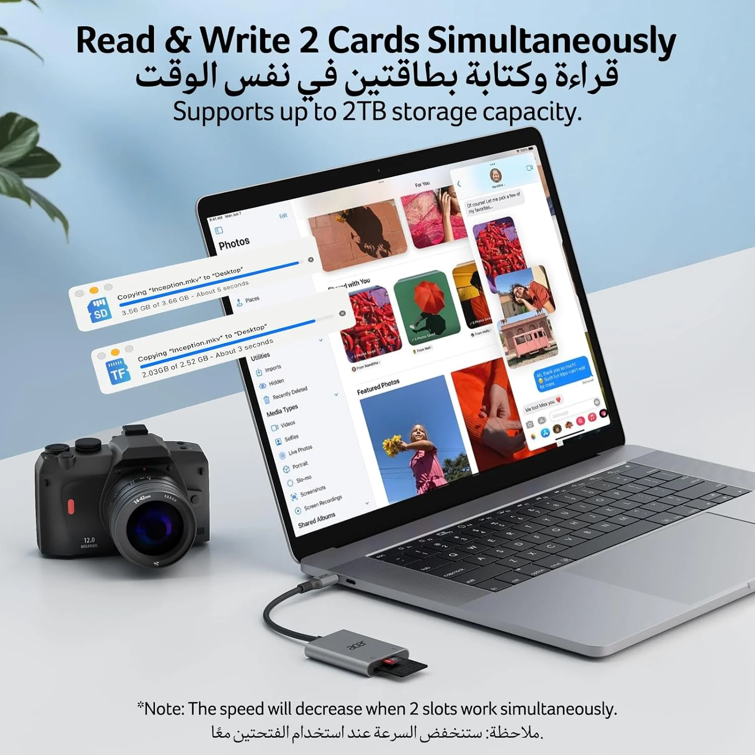 کارت خوان USB C ایسر، آداپتور کارت حافظه نوع C [دارای کابل] کارت خوان حافظه USB C 3.0 برای MicroSD SD MMC، سازگار با آیفون 16/15، لپ تاپ ها، مک بوک ایر/پرو، گلکسی S24، Dell XPS، آیپد، اندروید