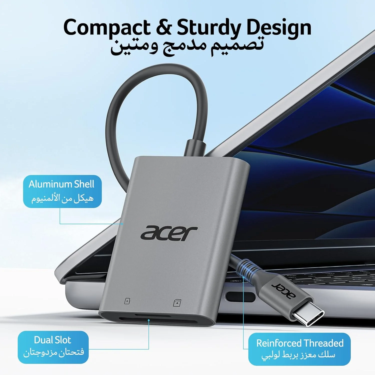 کارت خوان USB C ایسر، آداپتور کارت حافظه نوع C [دارای کابل] کارت خوان حافظه USB C 3.0 برای MicroSD SD MMC، سازگار با آیفون 16/15، لپ تاپ ها، مک بوک ایر/پرو، گلکسی S24، Dell XPS، آیپد، اندروید