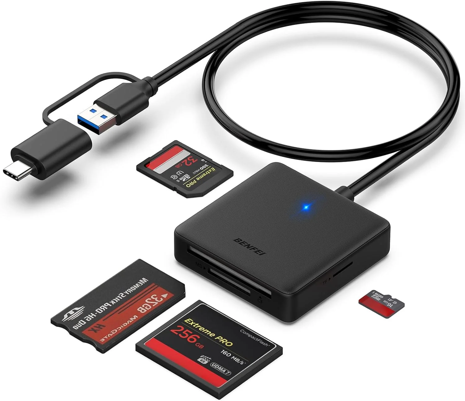 کارت خوان حافظه، آداپتور کارت خوان حافظه BENFEI 4in1 USB 3.0 و USB-C به SD Micro SD MS CF، 4 کارت به طور همزمان، خواندن و نوشتن همزمان، سازگار با سری iPhone 15، MacBook Pro/Air 2023 کارت خوان حافظه، آداپتور کارت خوان حافظه BENFEI 4in1 USB 3.0 و USB-C به SD Micro SD MS CF، 4 کارت به طور همزمان، خواندن و نوشتن همزمان، سازگار با سری iPhone 15، MacBook Pro/Air 2023