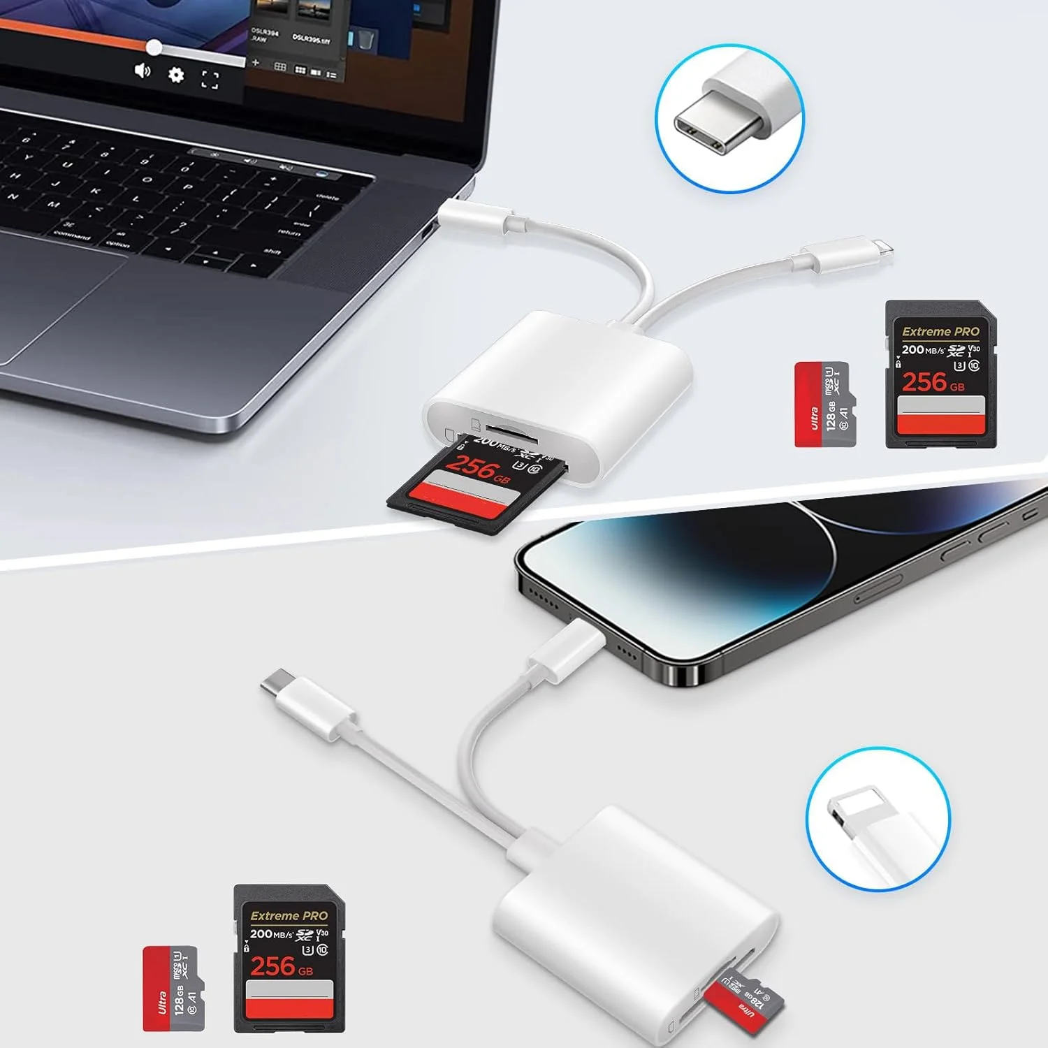 کارت خوان SD برای آیفون [دارای تاییدیه Apple MFi] آداپتور کارت SD دو در دو USB C لایتنینگ به SD/Micro SD، کارت خوان حافظه دو اسلات برای iPhone16 15/iPad/Samsung/Camera/SDHC/SDXC