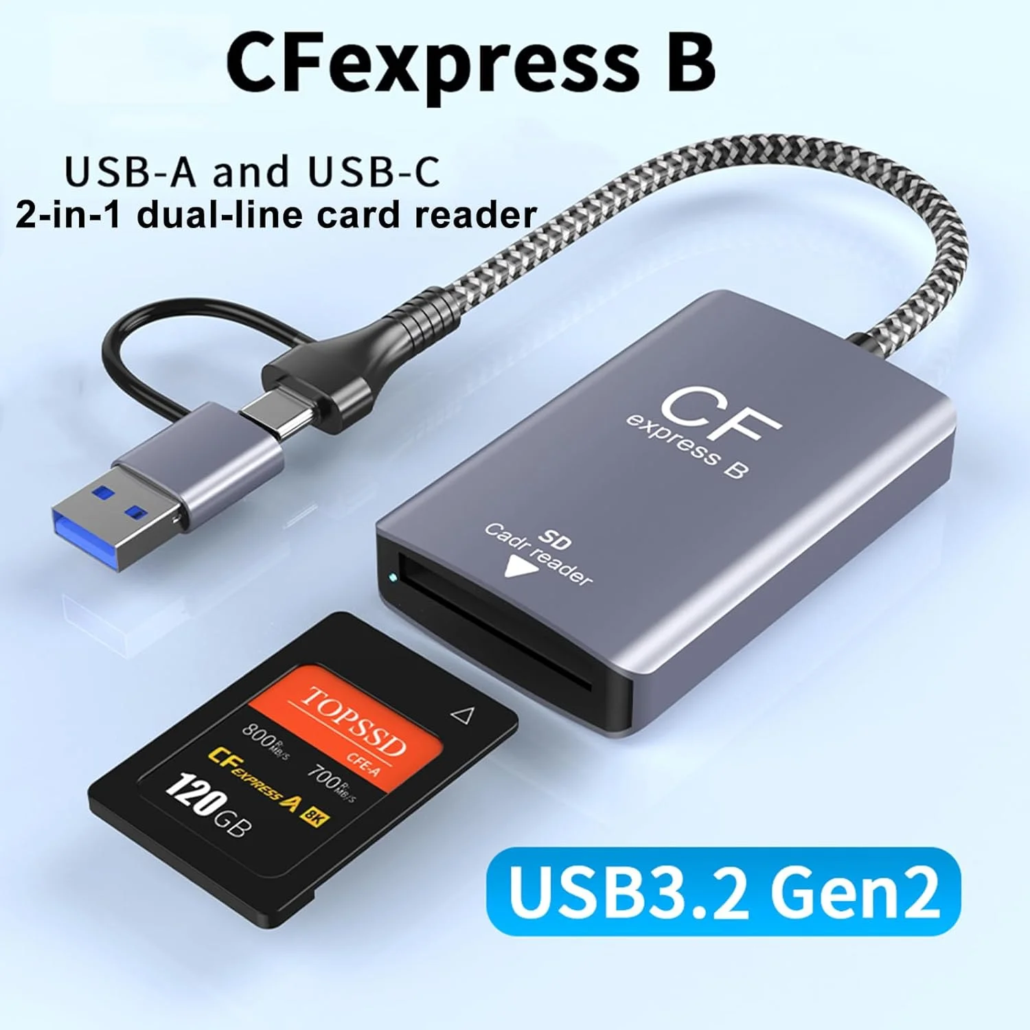 کارت خوان دوگانه CFexpress Type B و SD، کارت خوان پرسرعت USB 3.2 Gen 2 10Gbps، برای دوربین، پشتیبانی از لپ تاپ های دارای ویندوز 10/8.1/8/7/Vista/XP، Mac Os، Linux، Android (Type-B+SD)