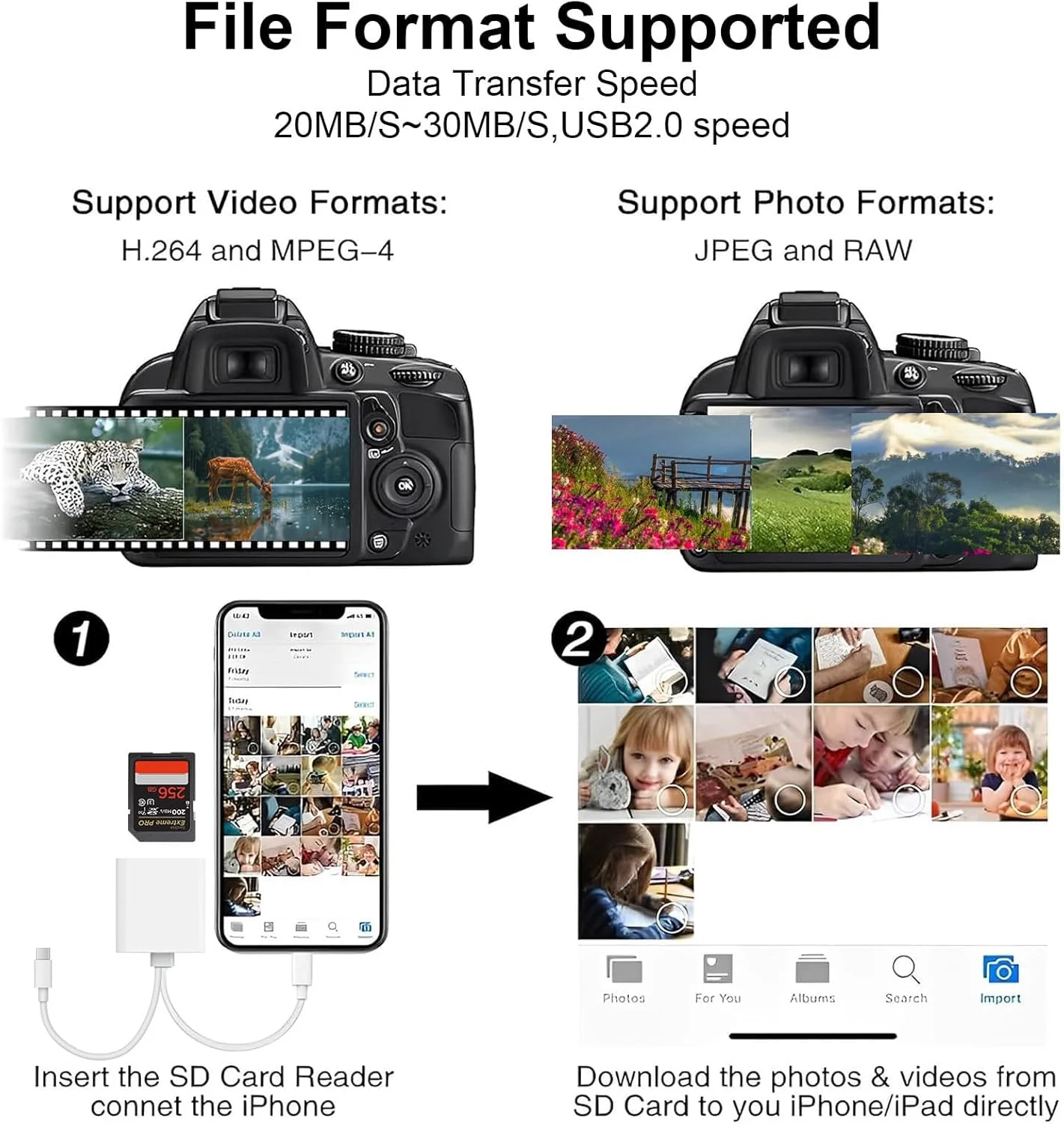 کارت خوان SD برای آیفون [دارای تاییدیه Apple MFi] آداپتور کارت SD دو در دو USB C لایتنینگ به SD/Micro SD، کارت خوان حافظه دو اسلات برای iPhone16 15/iPad/Samsung/Camera/SDHC/SDXC