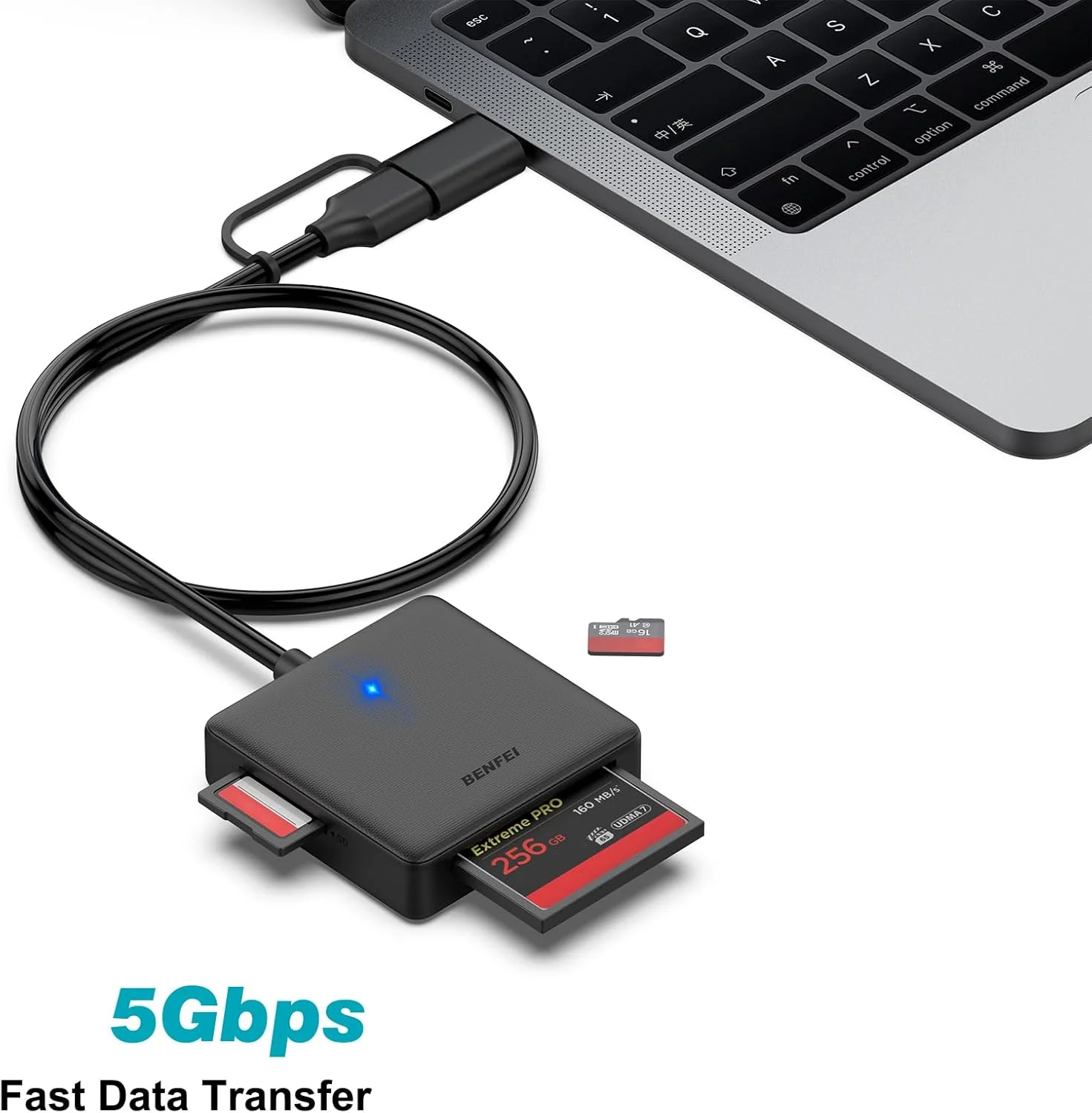 کارت خوان حافظه، آداپتور کارت خوان حافظه BENFEI 4in1 USB 3.0 و USB-C به SD Micro SD MS CF، 4 کارت به طور همزمان، خواندن و نوشتن همزمان، سازگار با سری iPhone 15، MacBook Pro/Air 2023