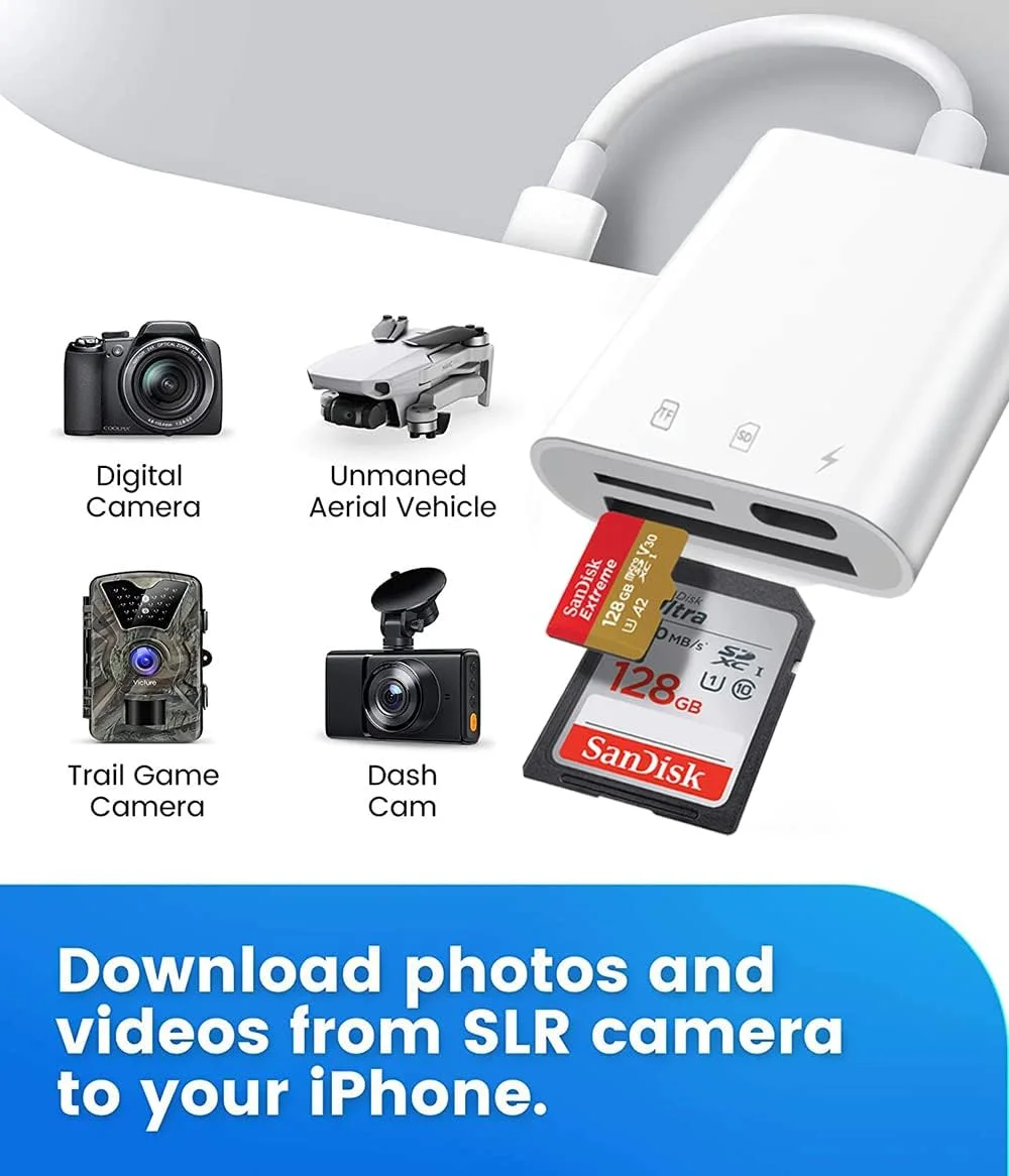 کارت خوان SD برای آیفون و آیپد، کارت خوان دوربین بازی، لوازم جانبی کارت خوان دوربین های SLR با دو درگاه، آداپتور کارت حافظه عکاسی، اتصال و پخش