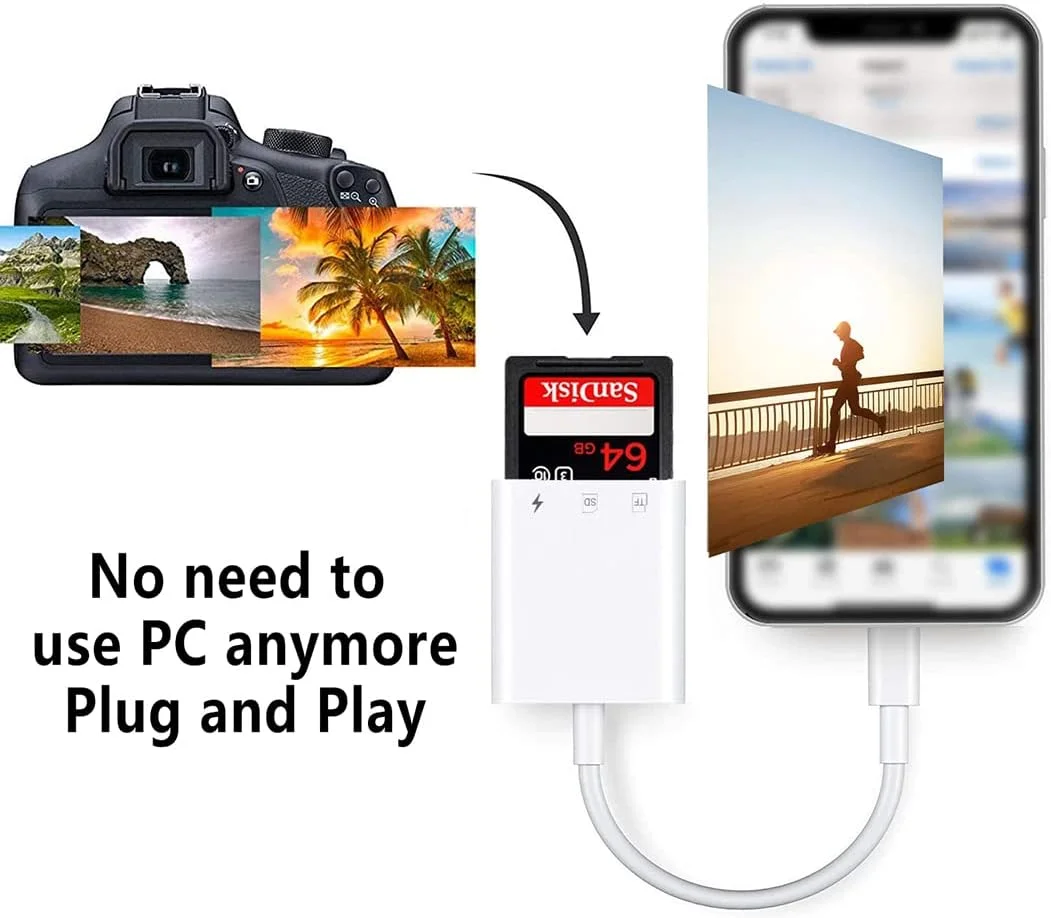 کارت خوان SD برای آیفون و آیپد، کارت خوان دوربین بازی، لوازم جانبی کارت خوان دوربین های SLR با دو درگاه، آداپتور کارت حافظه عکاسی، اتصال و پخش