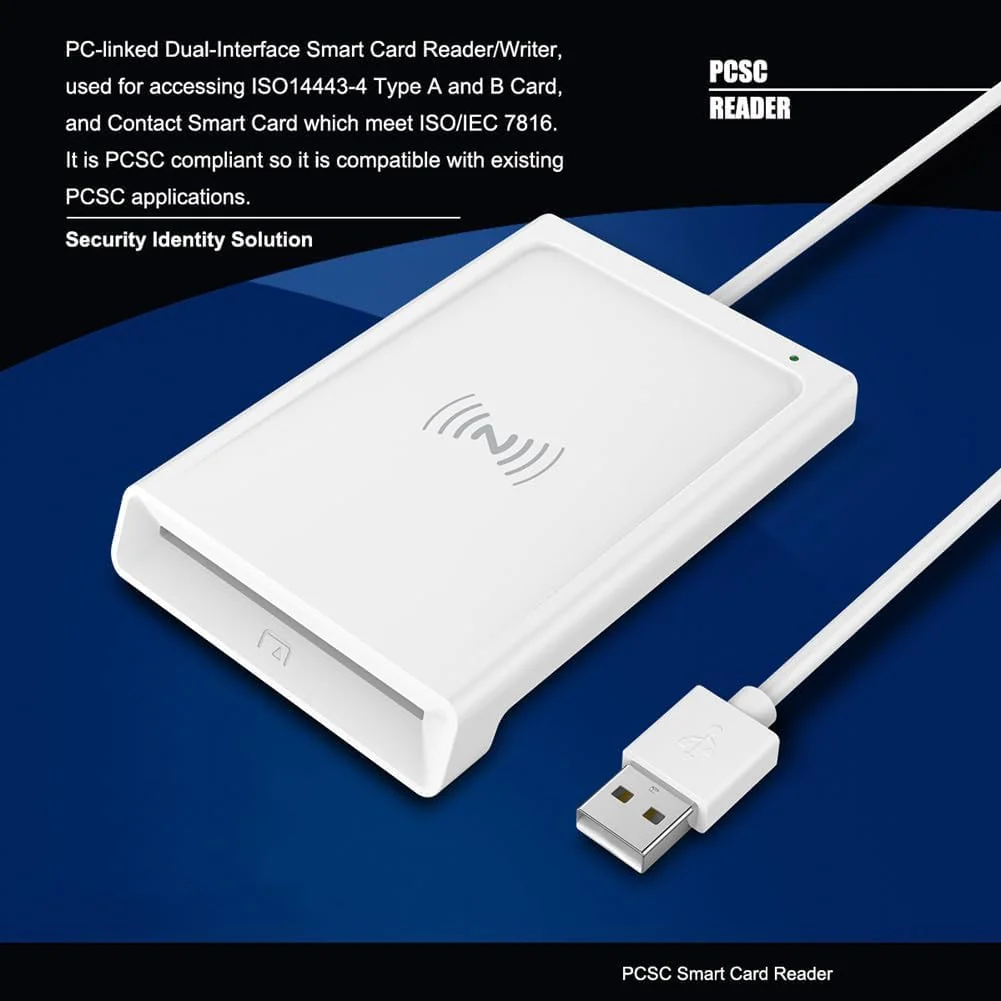 کارت خوان هوشمند، کارت خوان/نویسنده دوگانه تماسی + NFC 2 در 1، متصل به کامپیوتر، سازگار با PCSC، پشتیبانی از کارت های هوشمند غیر تماسی، سازگار با کامپیوتر، سفید کارت خوان هوشمند، کارت خوان/نویسنده دوگانه تماسی + NFC 2 در 1، متصل به کامپیوتر، سازگار با PCSC، پشتیبانی از کارت های هوشمند غیر تماسی، سازگار با کامپیوتر، سفید