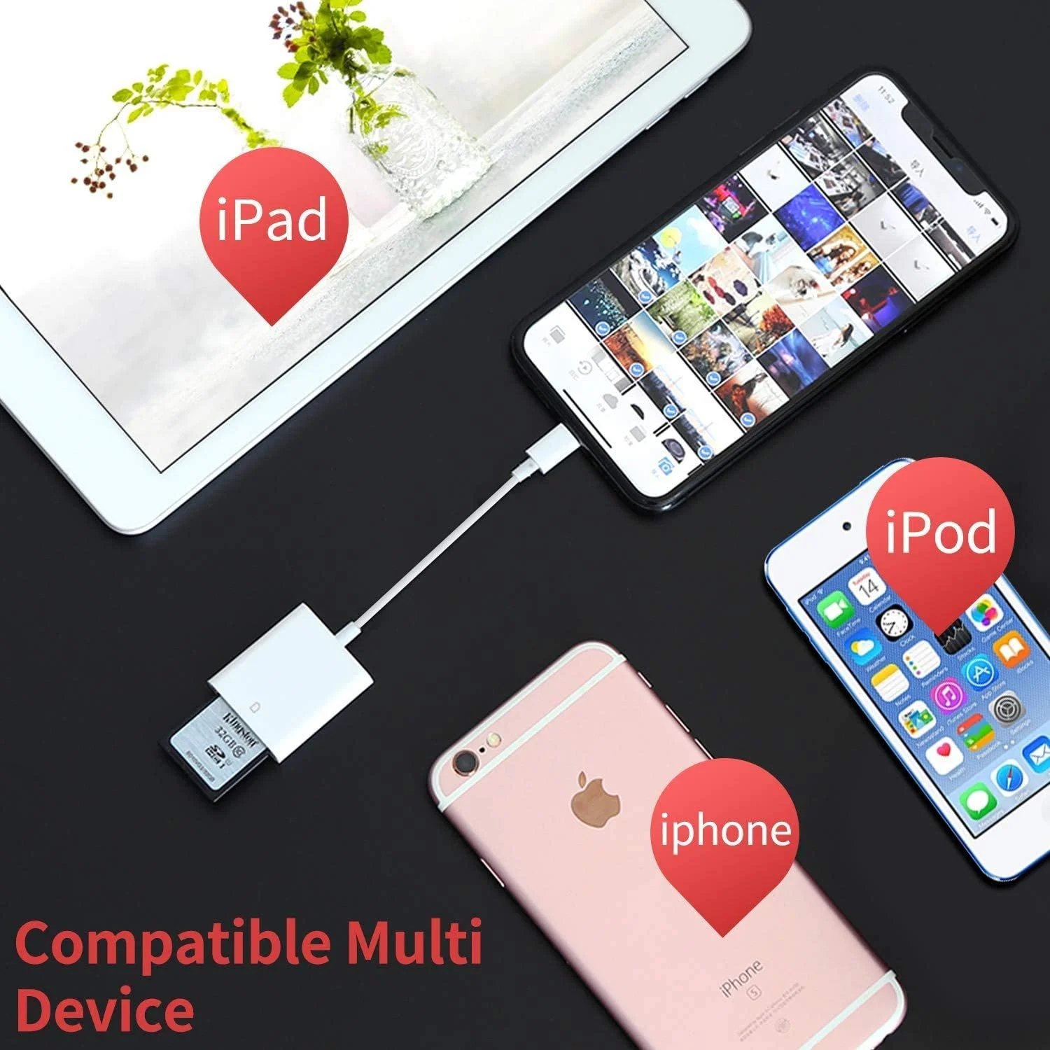 تبدیل لایتنینگ به کارت حافظه SD دوربین Veetone دارای گواهینامه Apple MFi برای آیفون و آیپد، کارت خوان حافظه دوربین تریل، آداپتور کارت SD برای آیفون 12/11/XS/XR/X/8/7/iPad، اتصال و استفاده آسان