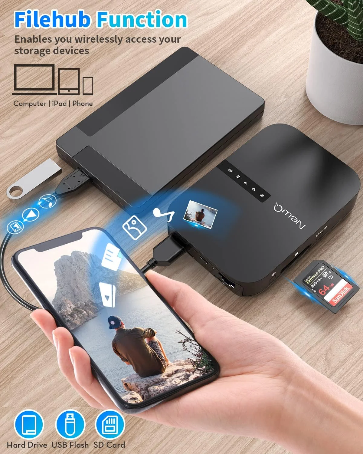 روتر مسافرتی NewQ Filehub AC750: هارد درایو قابل حمل، کارت خوان SD و توسعه دهنده کوچک دامنه WiFi برای مسافرت | دسترسی بی سیم به هارد اکسترنال و دستگاه ذخیره سازی USB برای پشتیبان گیری از عکس و فایل ها از آیفون روتر مسافرتی NewQ Filehub AC750: هارد درایو قابل حمل، کارت خوان SD و توسعه دهنده کوچک دامنه WiFi برای مسافرت | دسترسی بی سیم به هارد اکسترنال و دستگاه ذخیره سازی USB برای پشتیبان گیری از عکس و فایل ها از آیفون