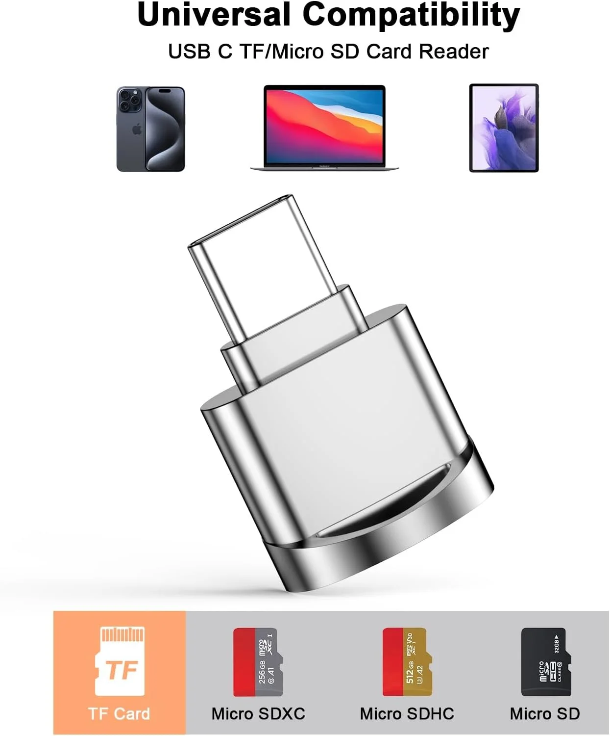 کارت خوان میکرو SD سازگار با آیفون 16/16 پلاس/16 پرو/16 پرو مکس/15/15 پلاس/15 پرو/15 پرو مکس، مینی USB Type C به کارت خوان میکرو SD/TF، آداپتور کارت میکرو SD، اتصال و پخش، نقره ای