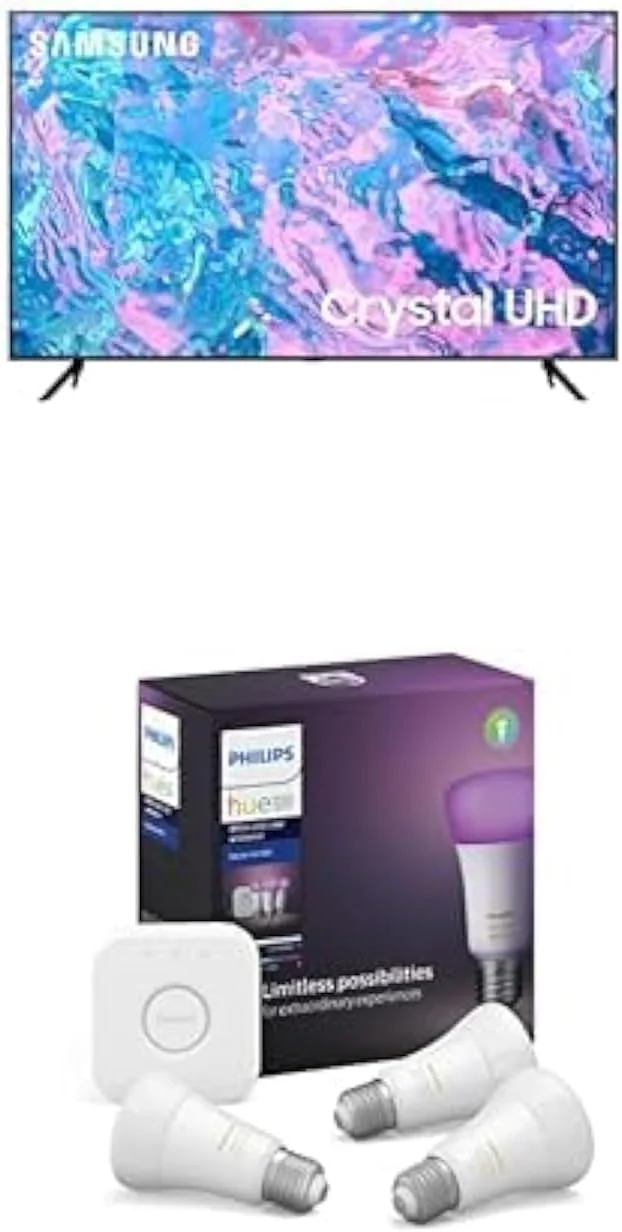 تلویزیون 70 اینچ سامسونگ کریستال UHD پردازنده کریستال 4K مدل UA70CU7000UXZN (مدل 2023) به همراه کیت استارتر لامپ هوشمند LED Philips Hue Ambiance (شامل 3 لامپ و بریج)