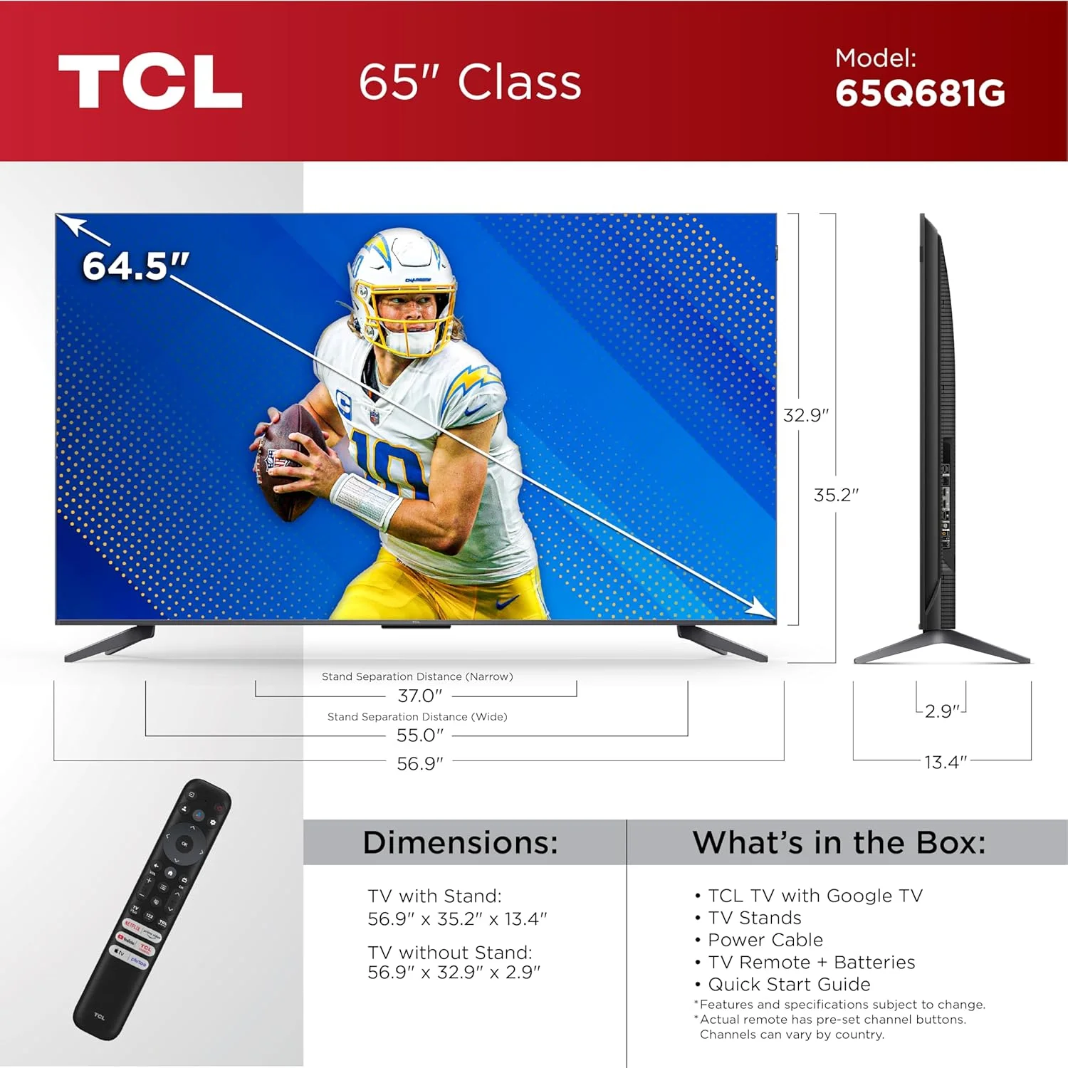 تلویزیون هوشمند 65 اینچی TCL Q68 QLED Pro 4K UHD با Google TV (مدل 65Q681G، 2024) Dolby Vision، Dolby Atmos، HDR Pro، Game Accelerator تا 120 هرتز، ریموت صوتی، سازگار با Alexa، تلویزیون استریم