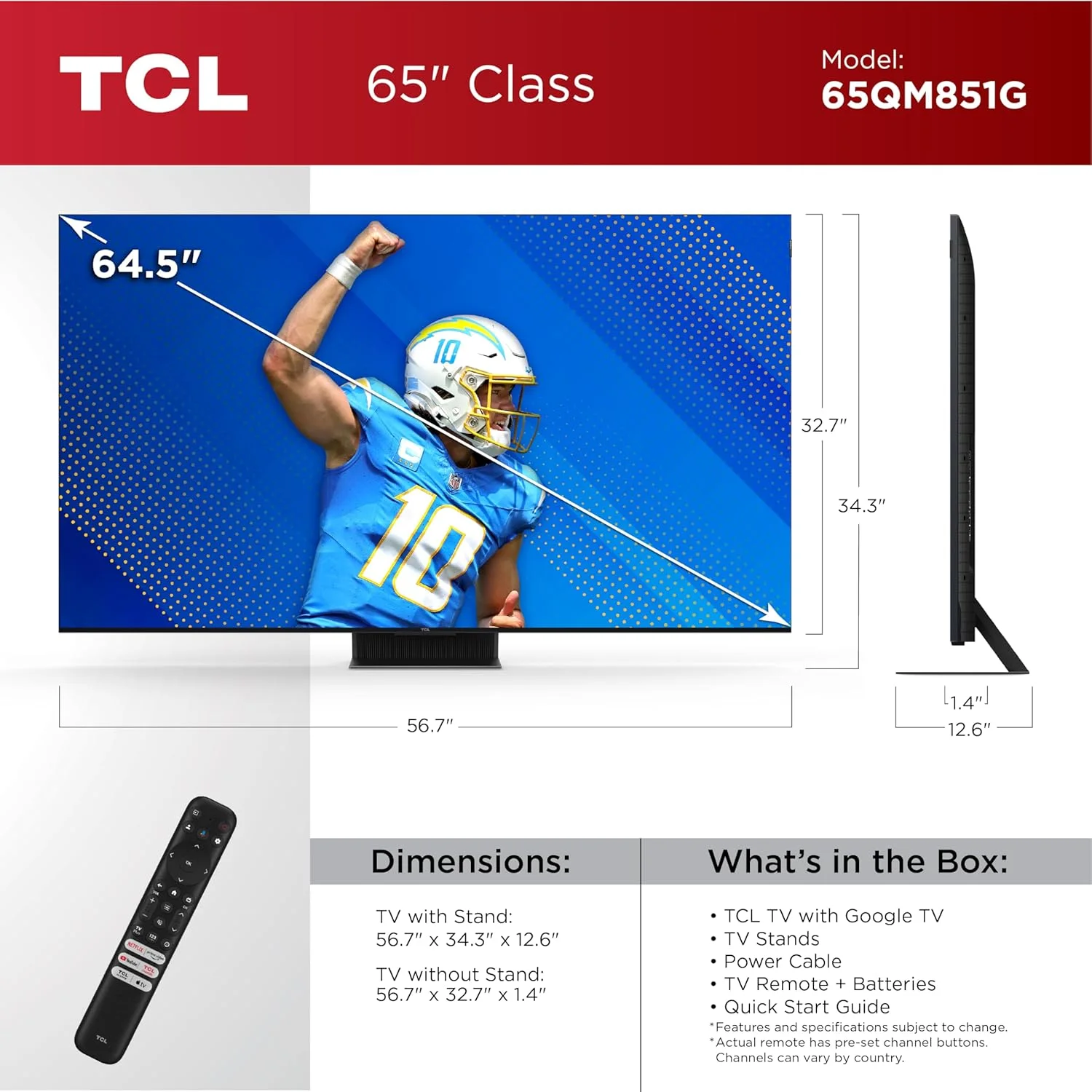 تلویزیون هوشمند 65 اینچی TCL QM85 QLED 4K QD-Mini LED با Google TV (مدل 65QM851G، 2024) Dolby Vision IQ HDR، Dolby Atmos، شتابدهنده بازی تا 240 هرتز، ریموت صوتی، سازگار با Alexa، تلویزیون استریم تلویزیون هوشمند 65 اینچی TCL QM85 QLED 4K QD-Mini LED با Google TV (مدل 65QM851G، 2024) Dolby Vision IQ HDR، Dolby Atmos، شتابدهنده بازی تا 240 هرتز، ریموت صوتی، سازگار با Alexa، تلویزیون استریم
