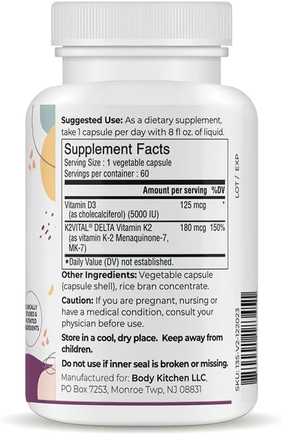 مکمل ویتامین D + K2 (MK7) بادی کیچن، سلامت استخوان و قلب، غیر تراریخته، K2 گیاهی، 5000 واحد بین المللی ویتامین D و 180 میکروگرم ویتامین K2 MK-7، بلع آسان، 60 عدد
