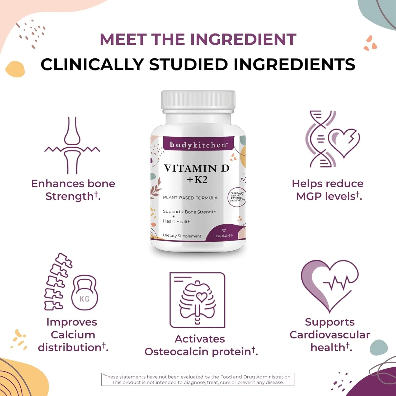 مکمل ویتامین D + K2 (MK7) بادی کیچن، سلامت استخوان و قلب، غیر تراریخته، K2 گیاهی، 5000 واحد بین المللی ویتامین D و 180 میکروگرم ویتامین K2 MK-7، بلع آسان، 60 عدد