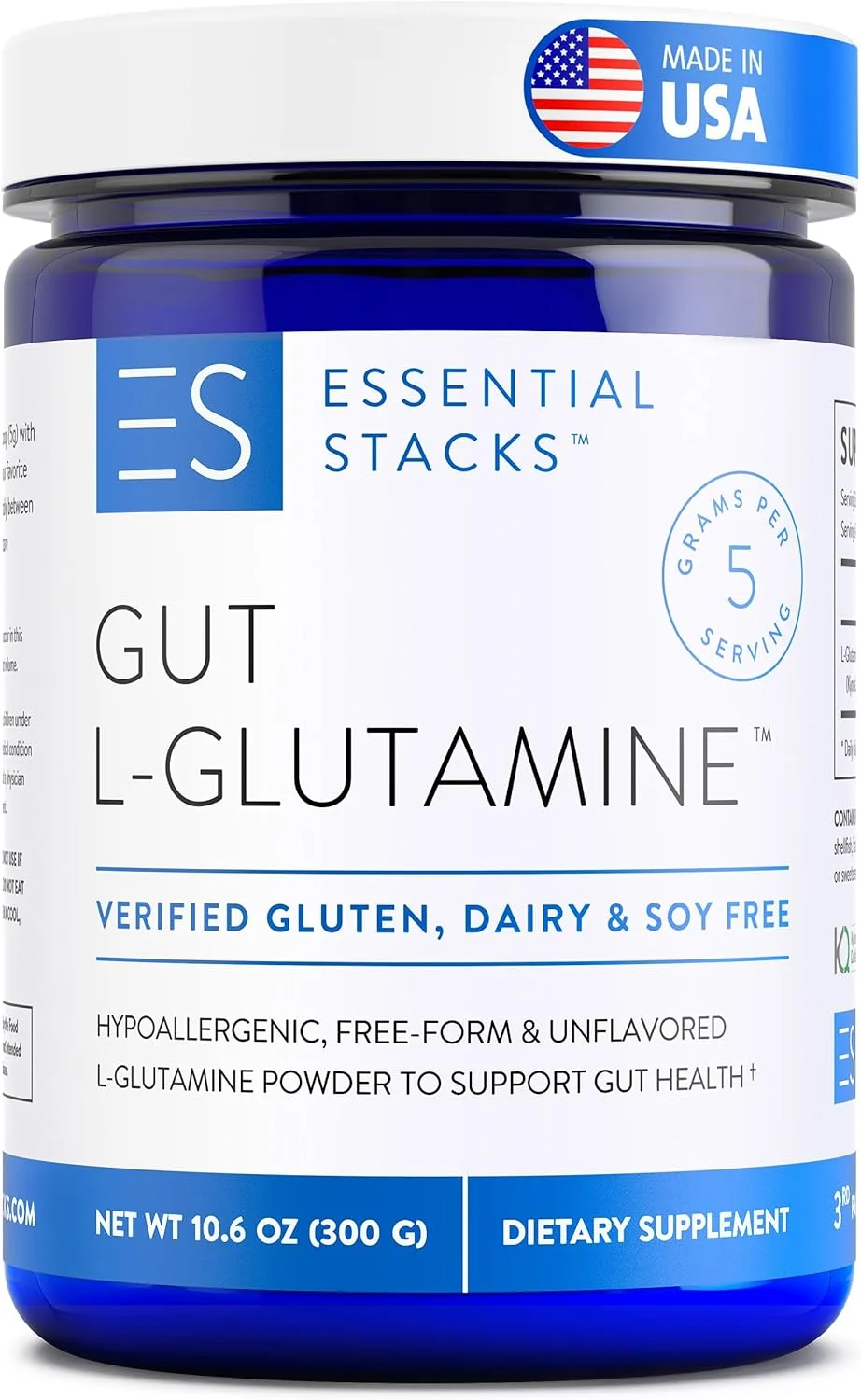 پودر ال-گلوتامین Essential Stacks - ساخت آمریکا - پودر خالص ال گلوتامین برای سلامت روده، نفخ و دستگاه گوارش - فاقد لبنیات، سویا و گلوتن، غیر تراریخته، مکمل گلوتامین گیاهی